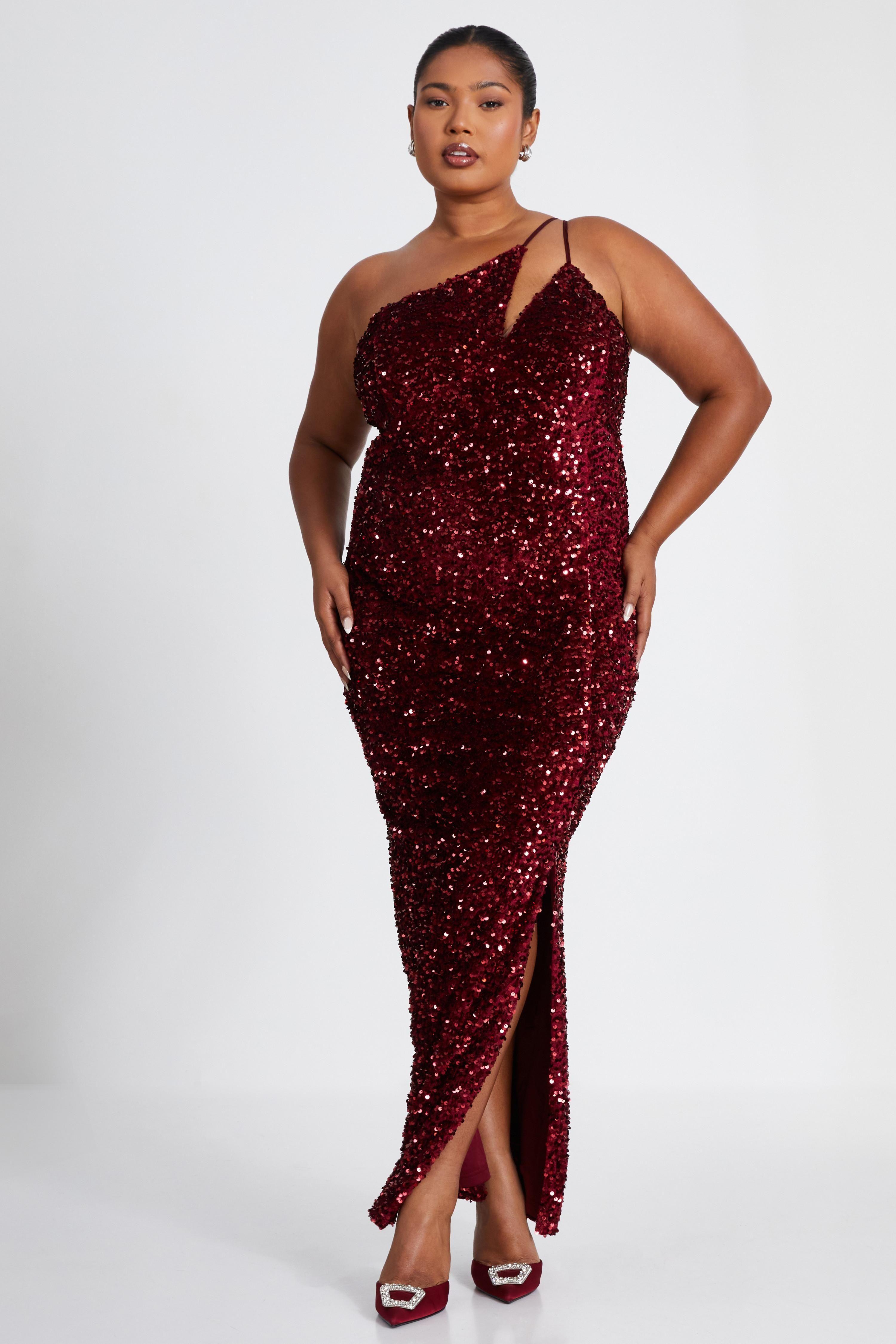 Burgundy Curve Sequin Maxi Dress by QUIZ
