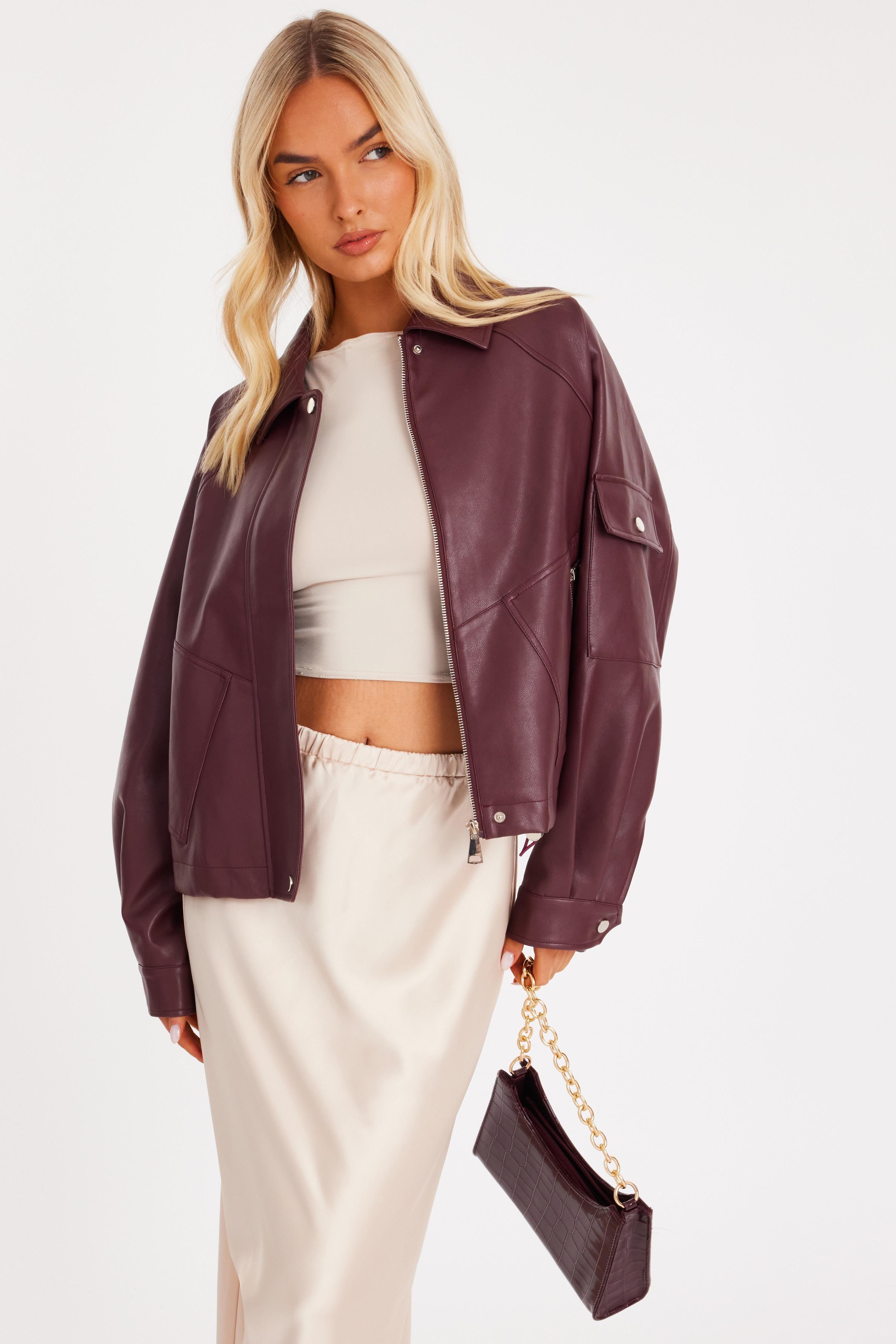 Burgundy Faux Leather Bomber Jacket by QUIZ