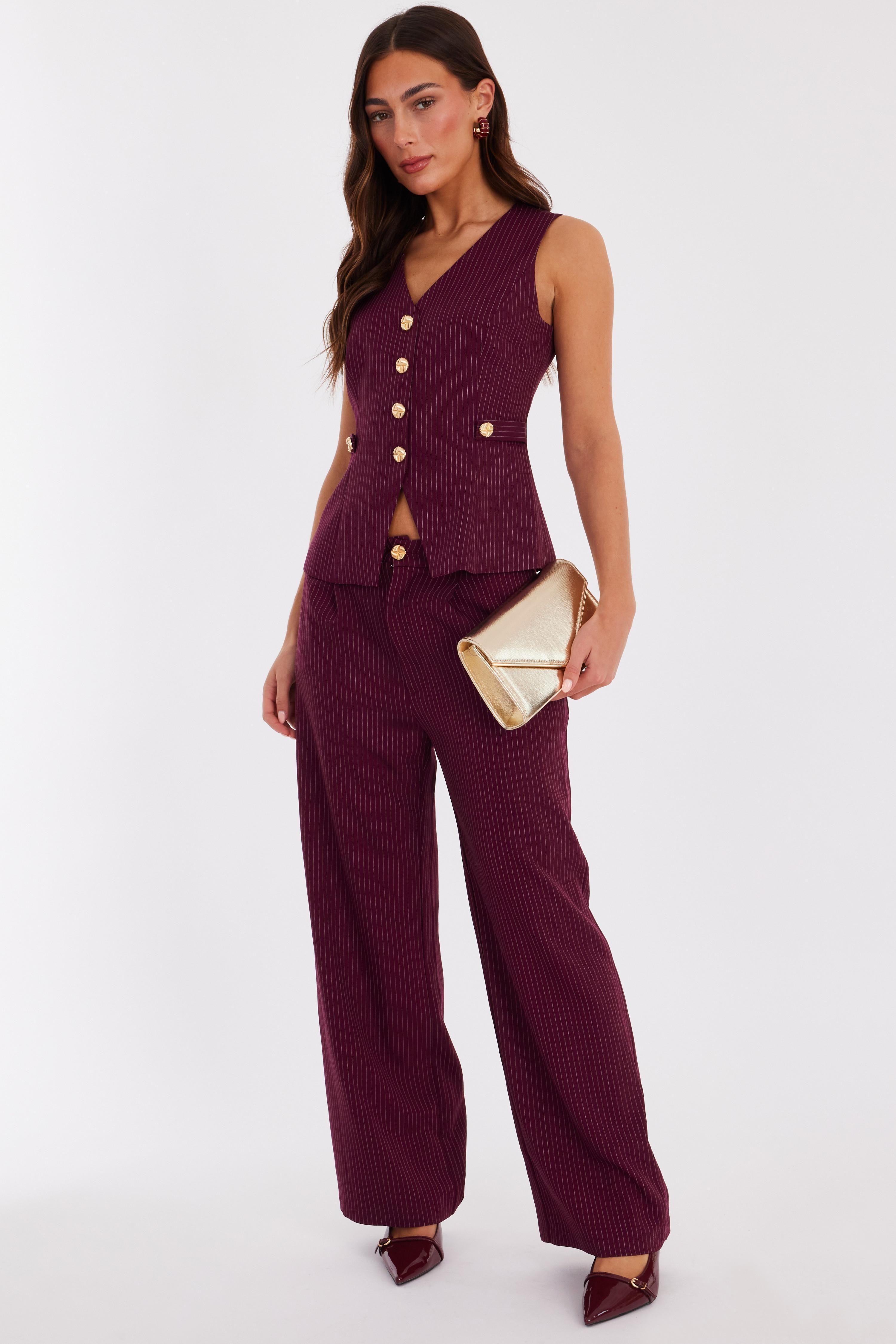 Burgundy Pinstripe Wide Leg Trousers by QUIZ