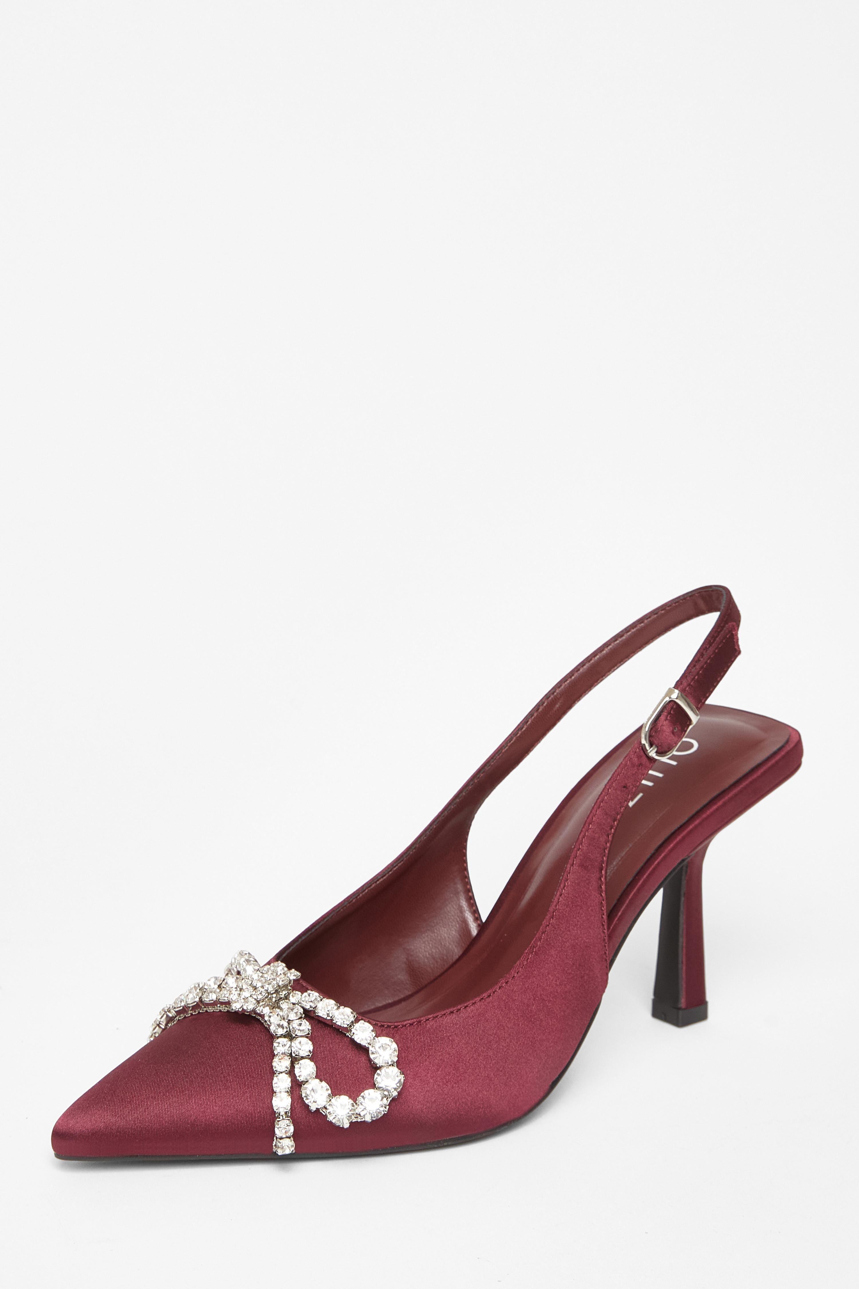 Burgundy Satin Diamante Bow Court Heels by QUIZ