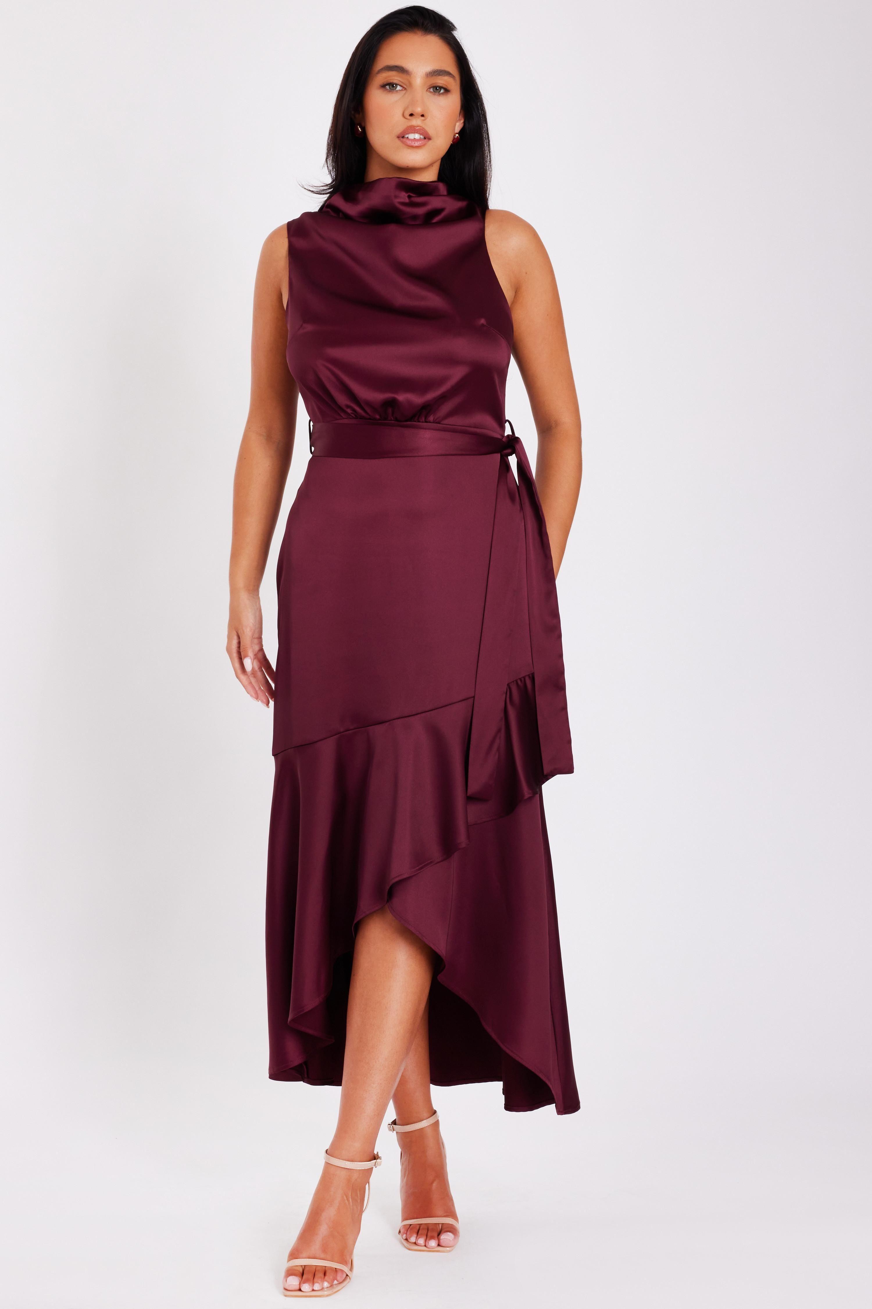 Burgundy Satin Dip Hem Midaxi Dress by QUIZ