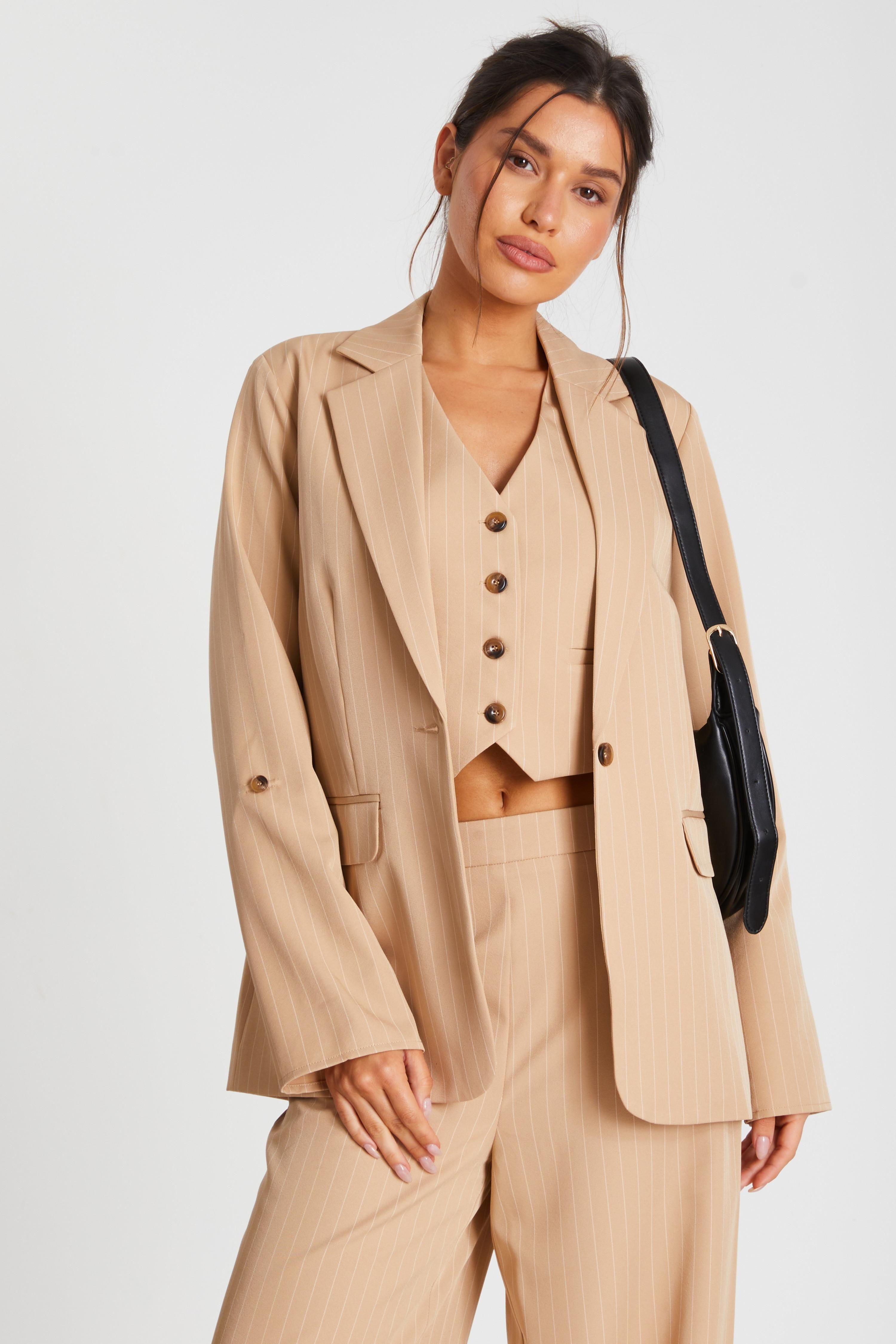 Camel Pinstripe Ruched Sleeve Blazer by QUIZ