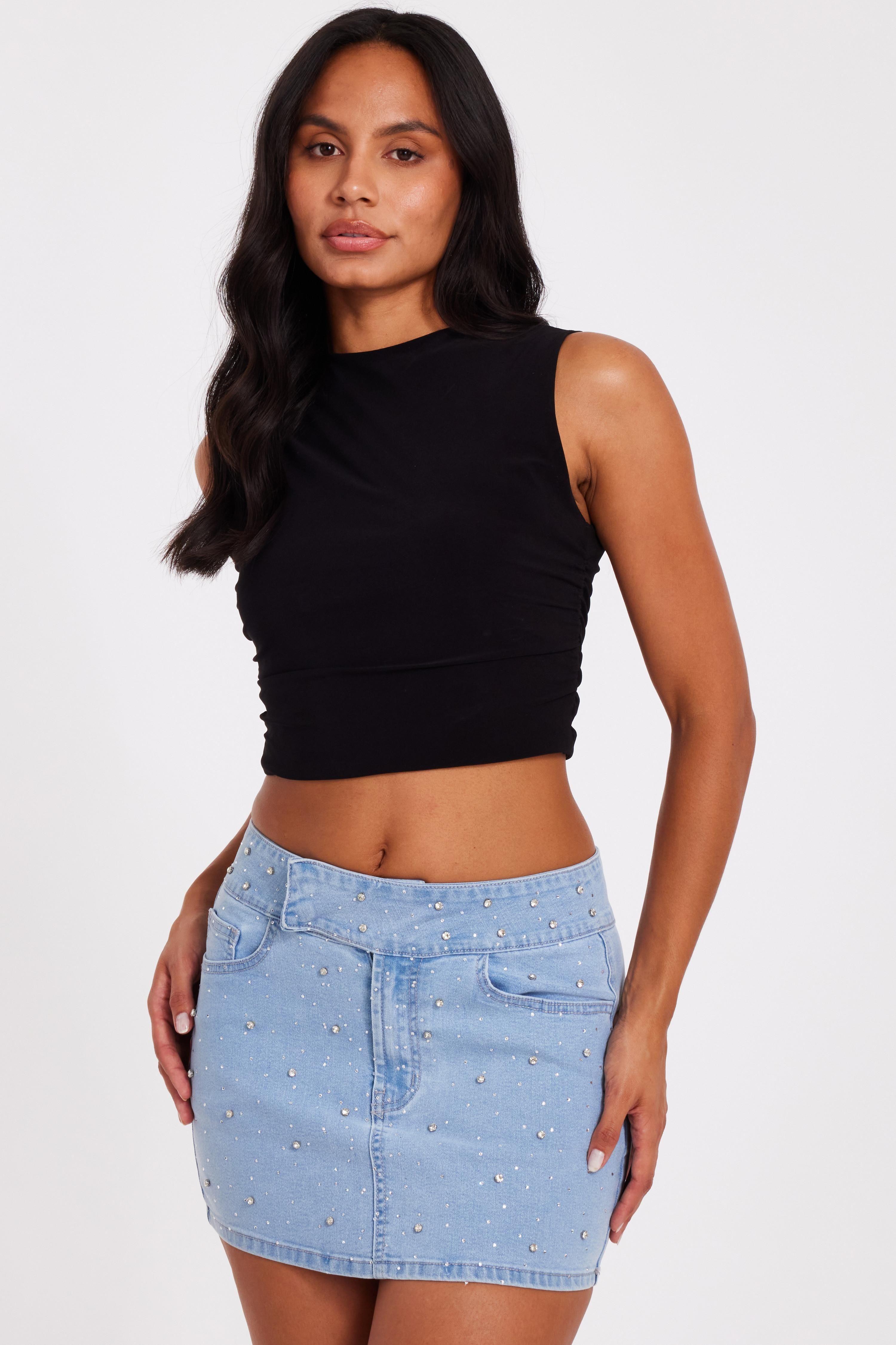 Dark Indigo Denim Embellished Skirt by QUIZ