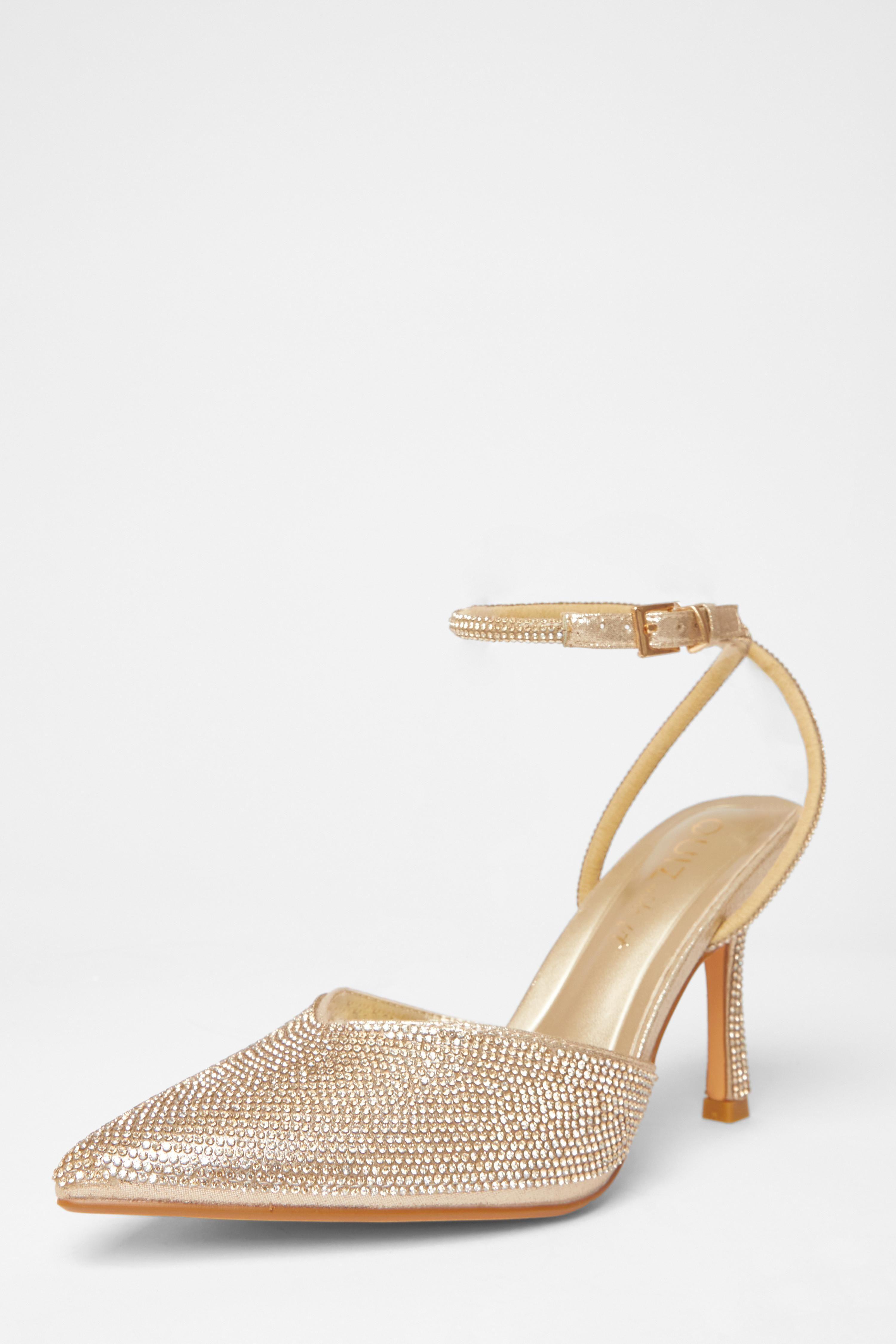 Gold Wide Fit Embellished Court Heels by QUIZ