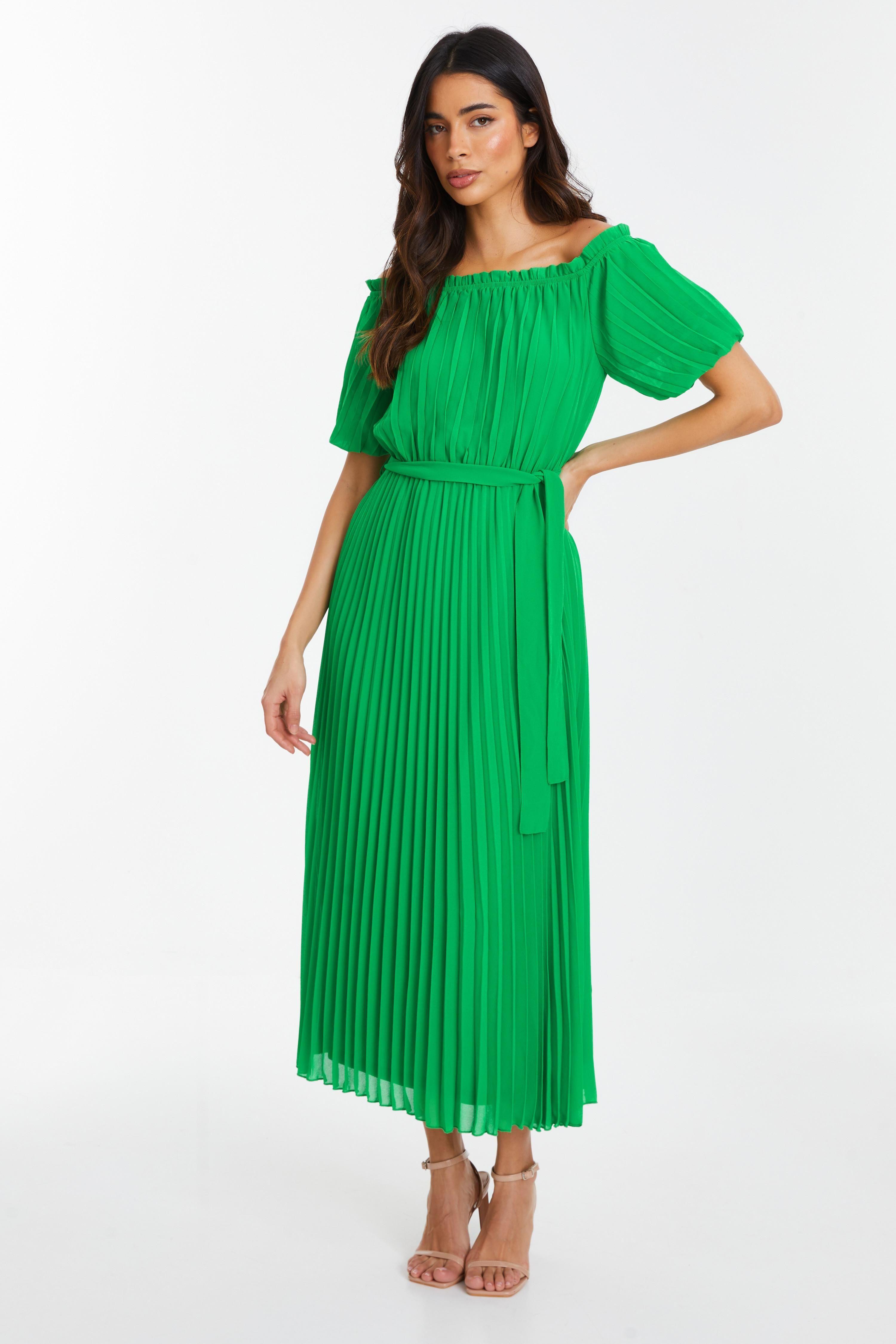Green Chiffon Pleated Midi Dress by QUIZ