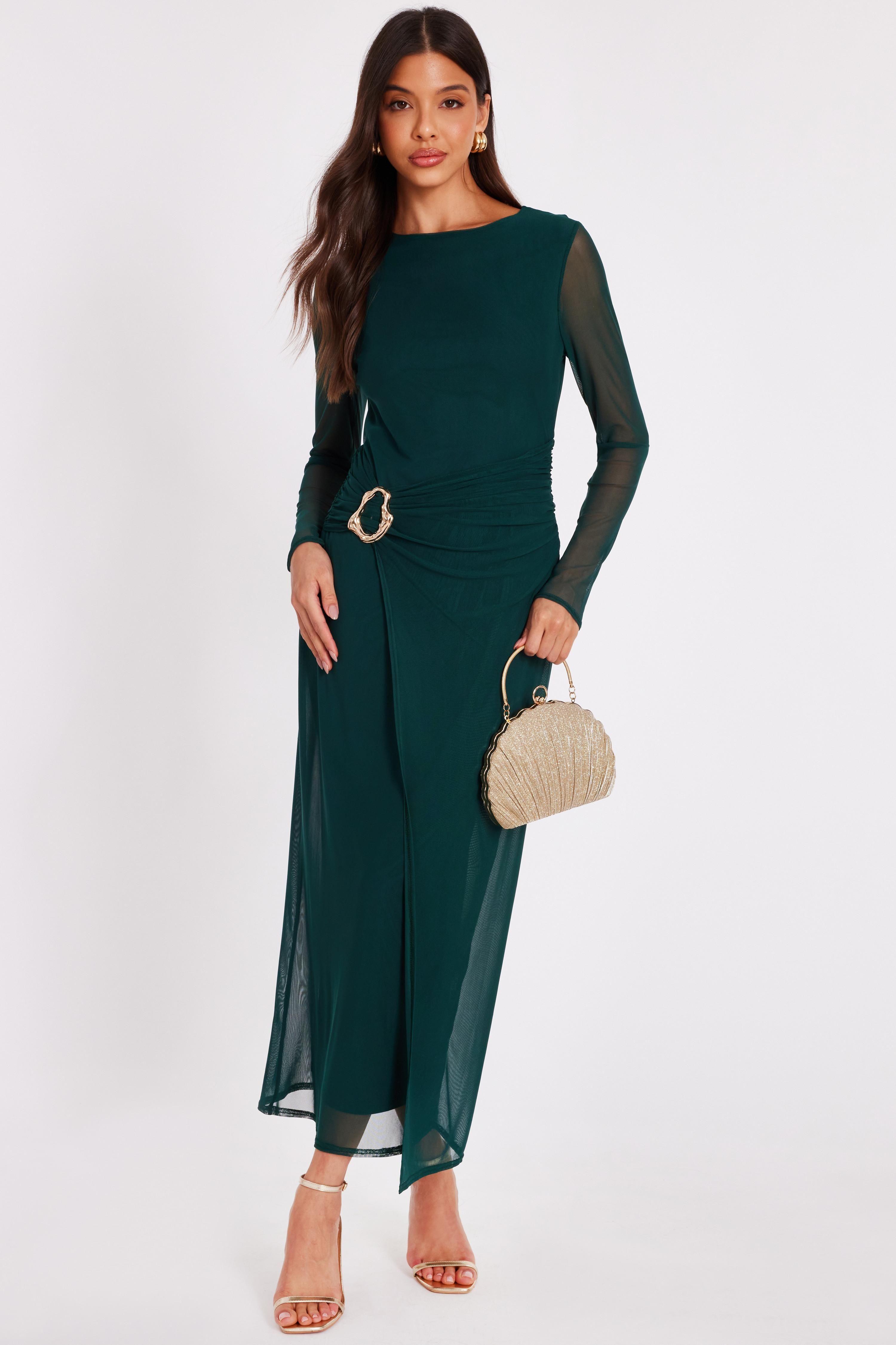 Green Mesh Buckle Midaxi Dress by QUIZ