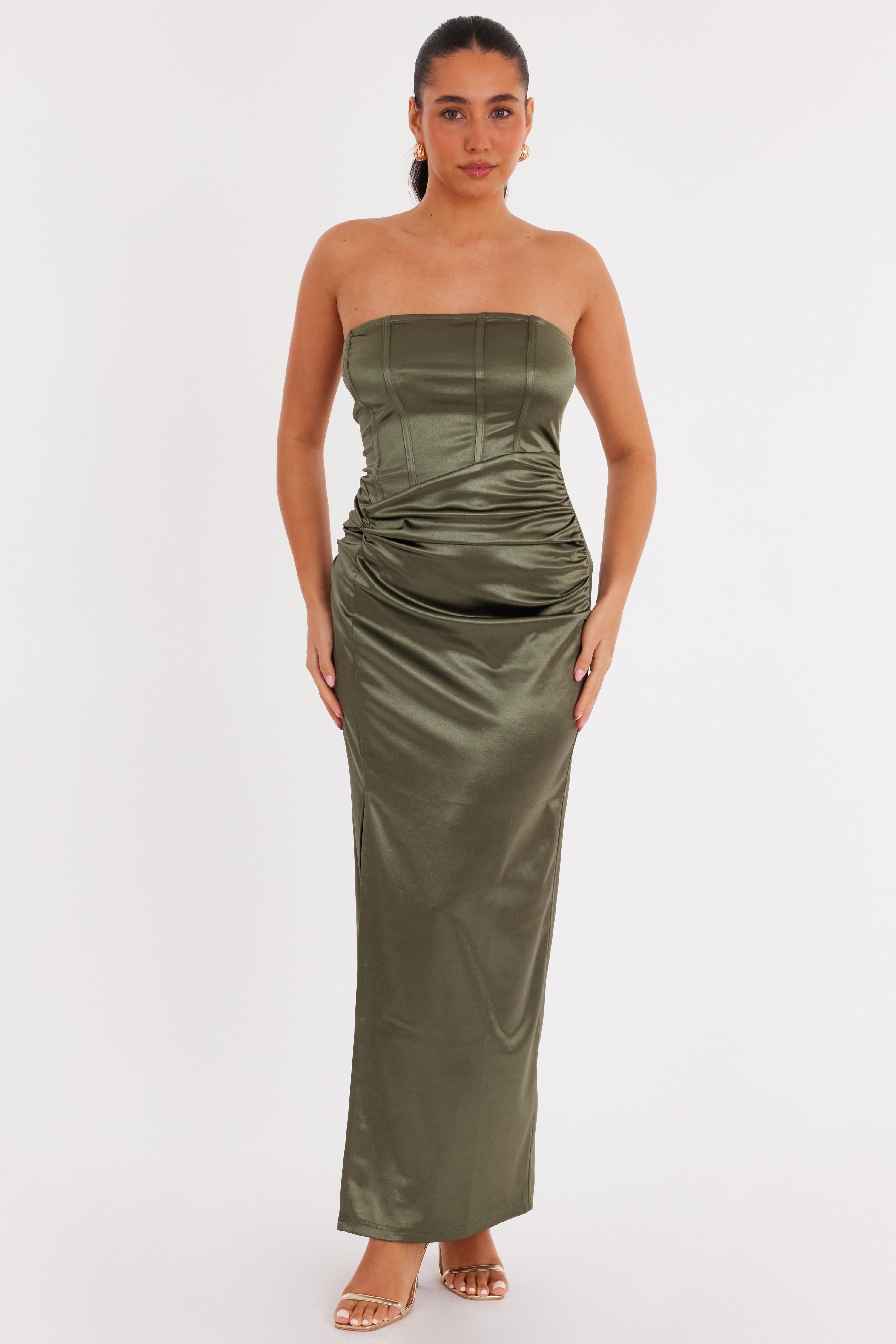 Green Satin Corset Midaxi Dress by QUIZ