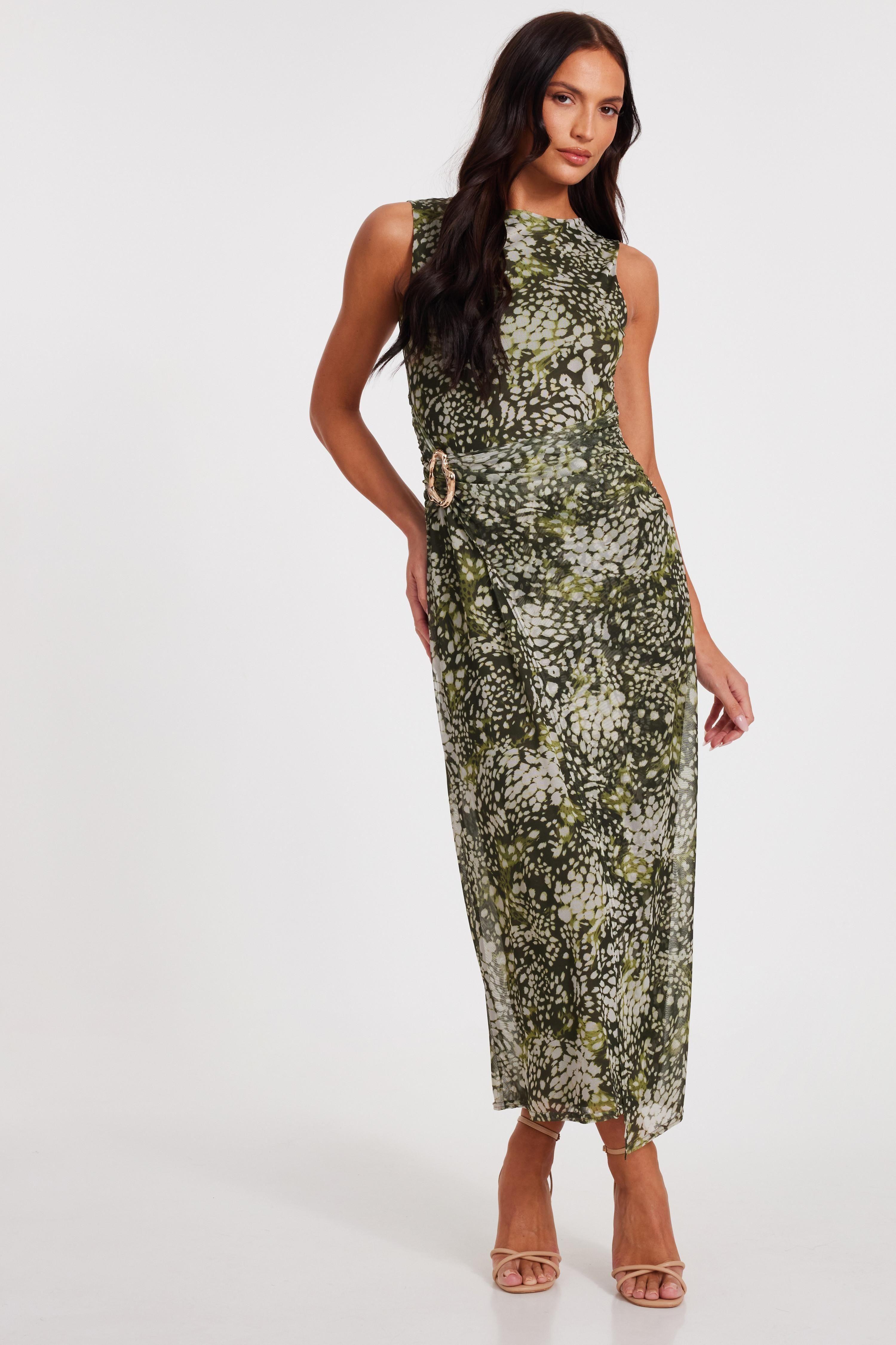 Khaki Mesh Animal Print Midaxi Dress by QUIZ