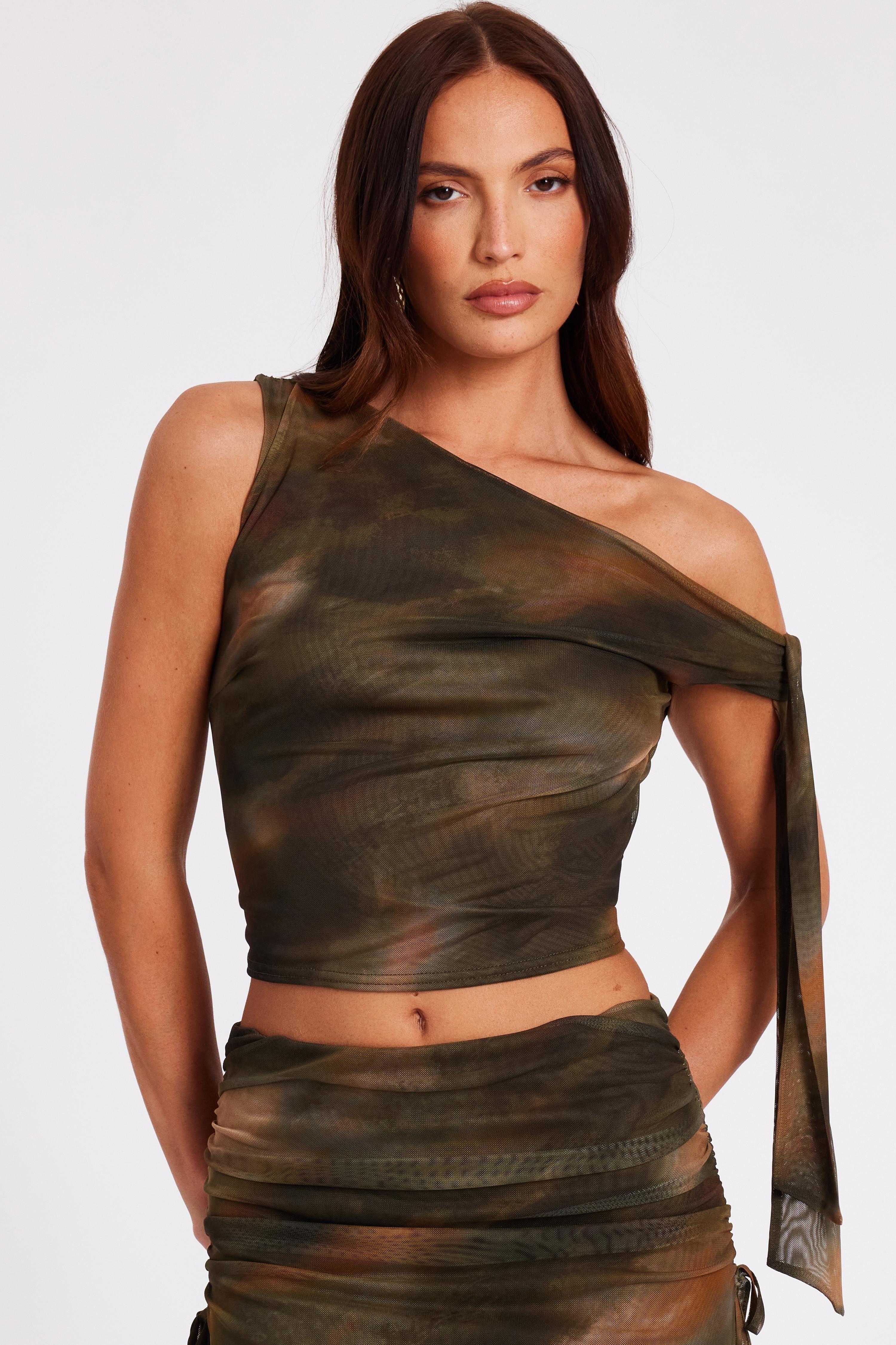 Khaki Mesh Tie Shoulder Crop Top by QUIZ