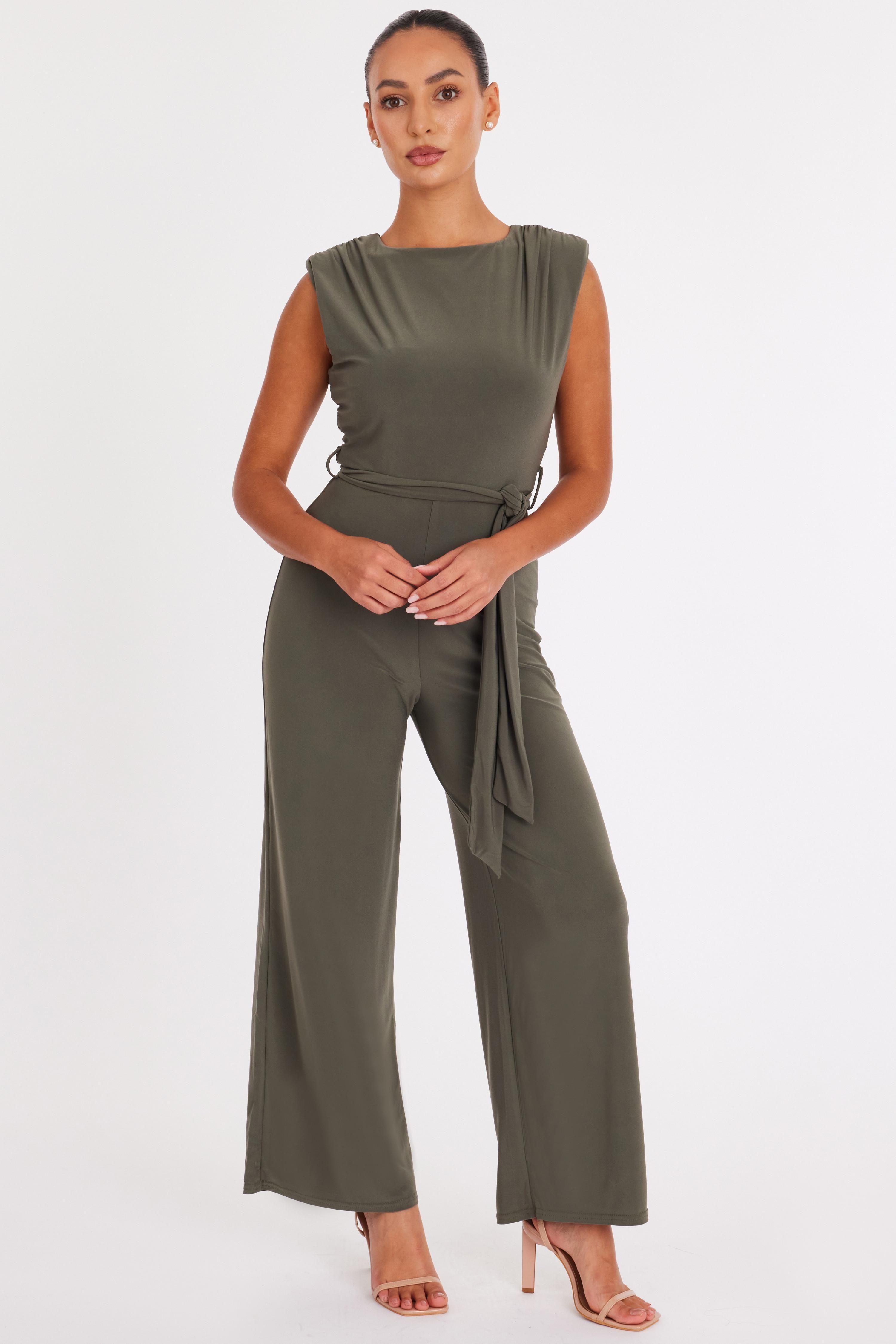 Khaki Petite Tie Waist Jumpsuit by QUIZ