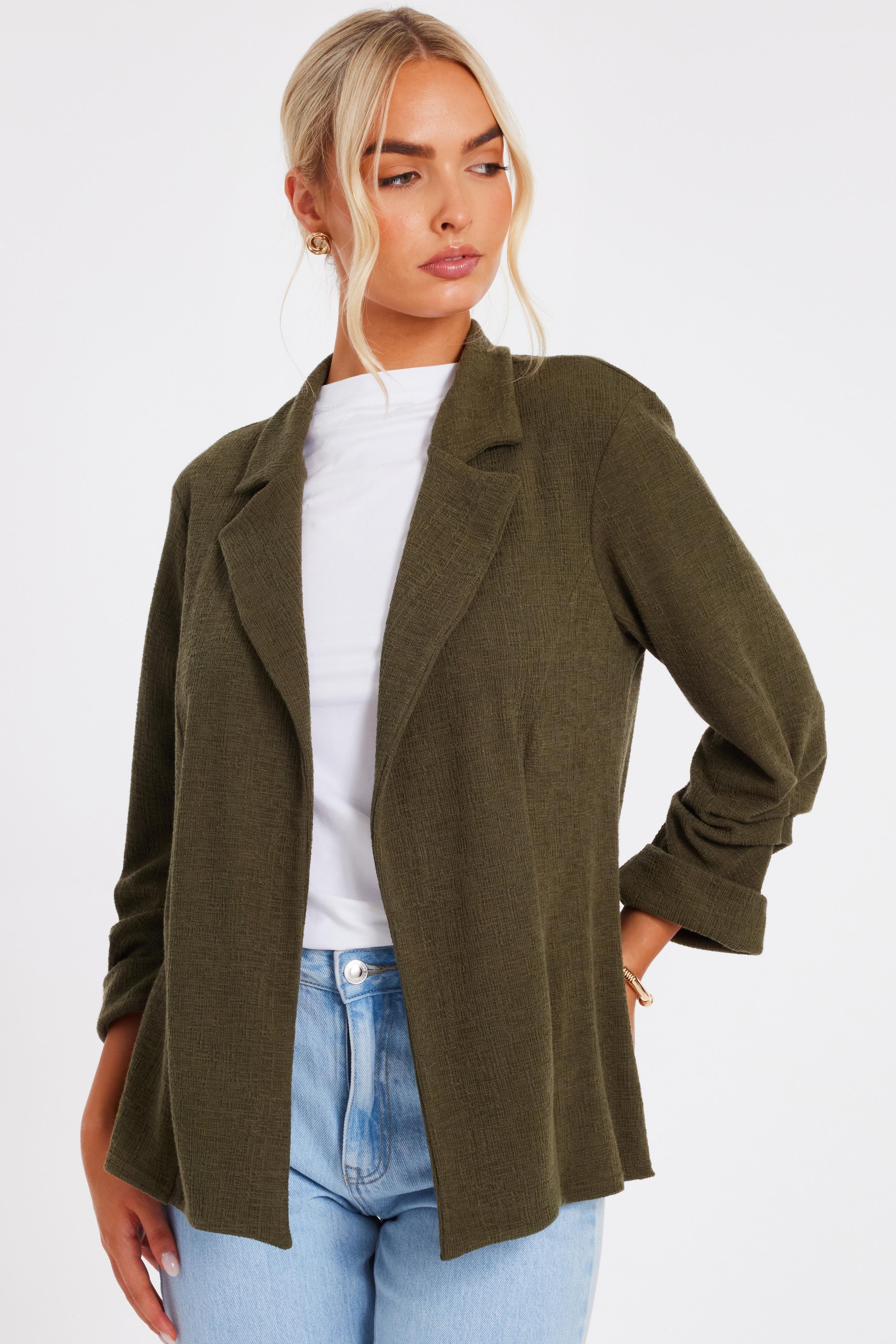 Khaki Textured Ruched Sleeve Blazer by QUIZ