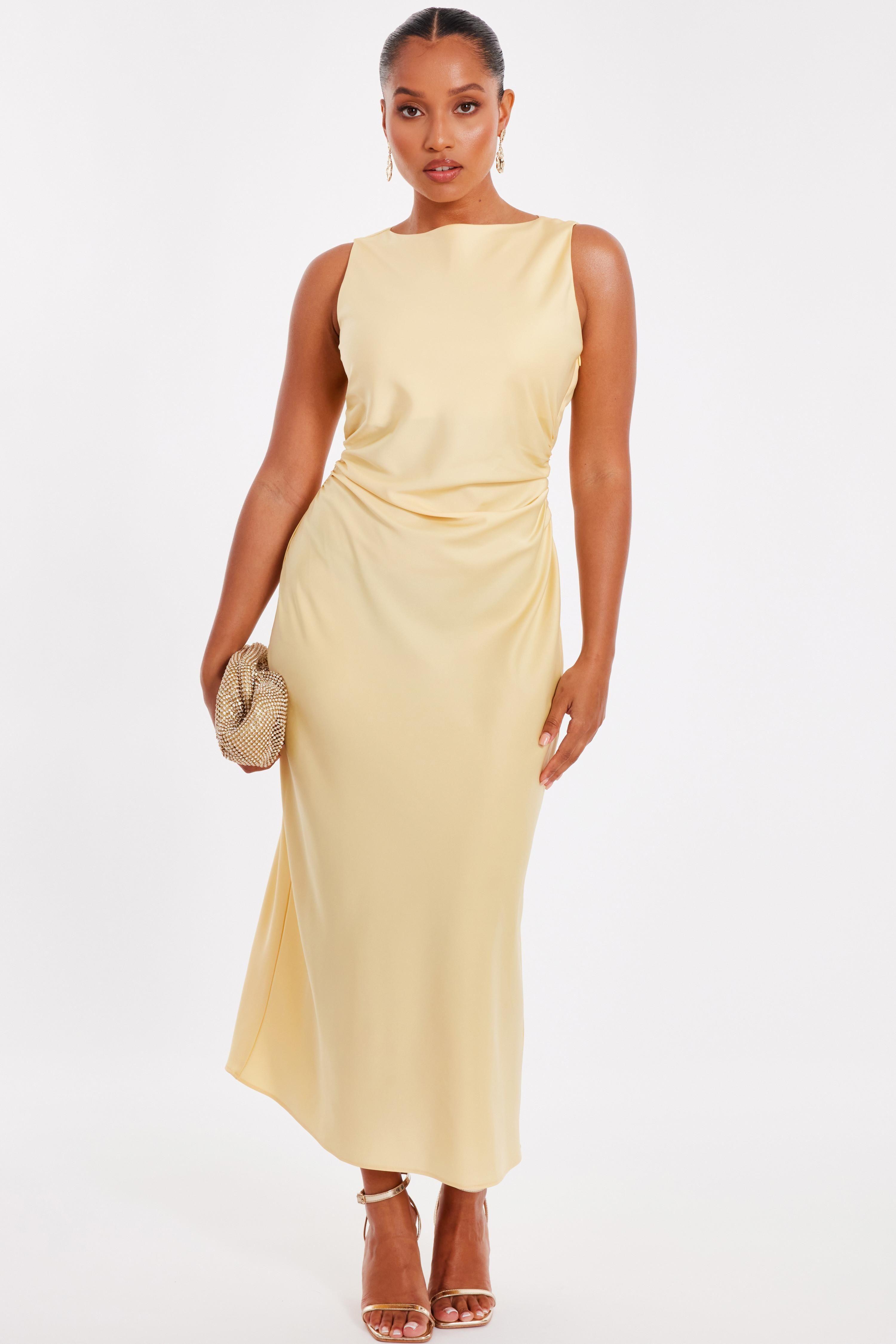 Lemon Petite Satin Ruched Midi Dress by QUIZ