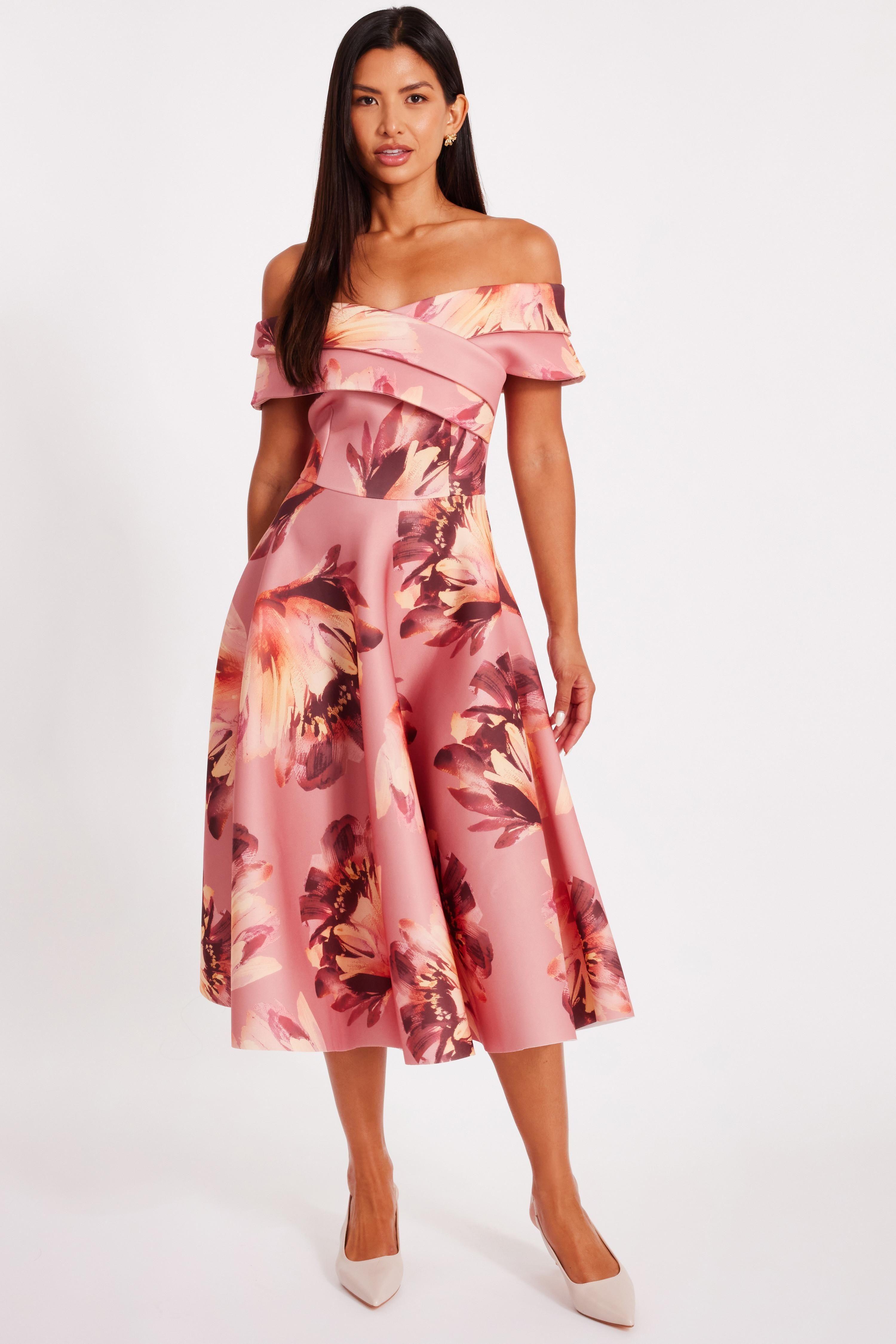 Mauve Floral Bardot Midi Dress by QUIZ