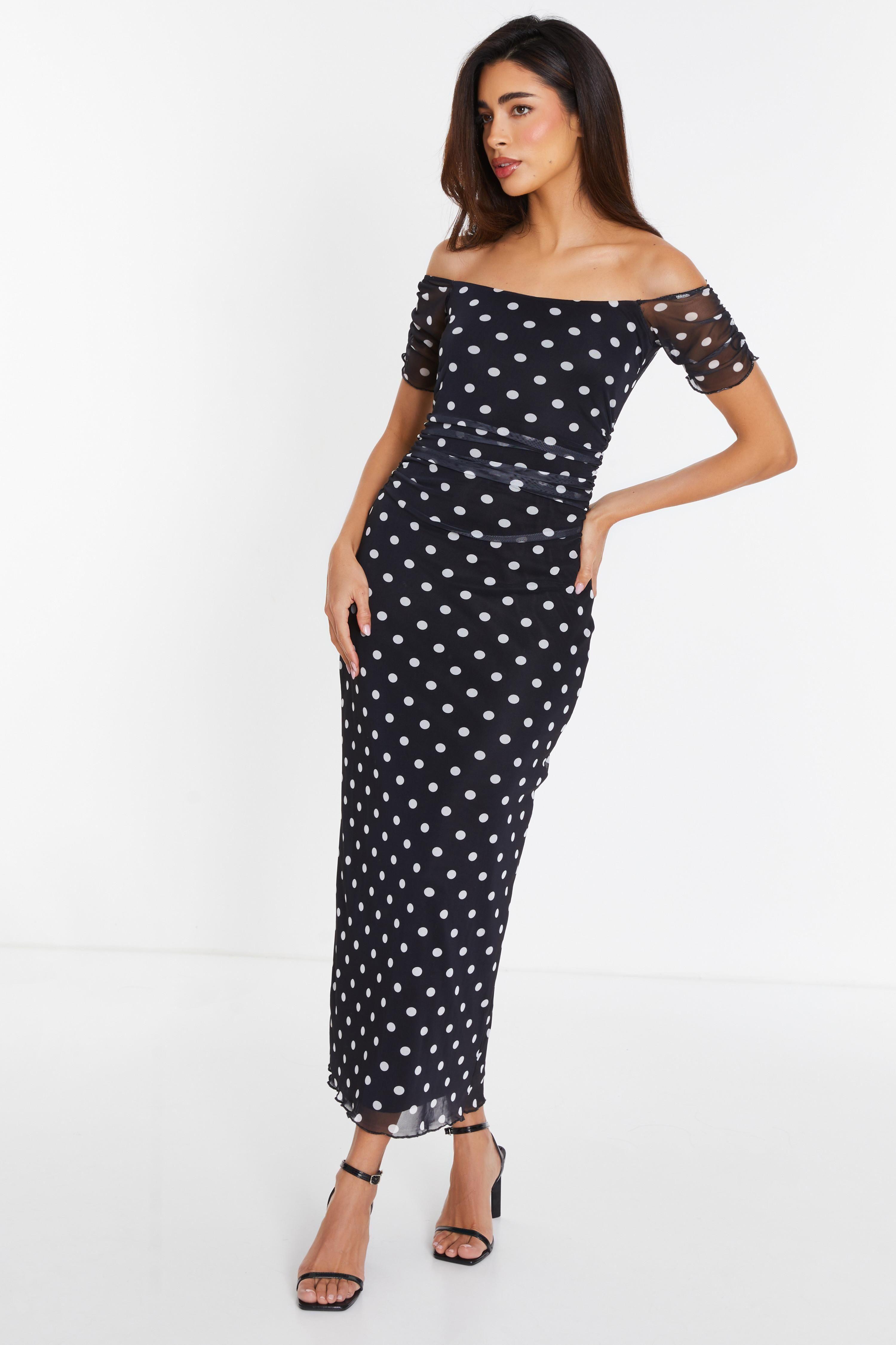 Mesh Polka Dot Bardot Midaxi Dress by QUIZ
