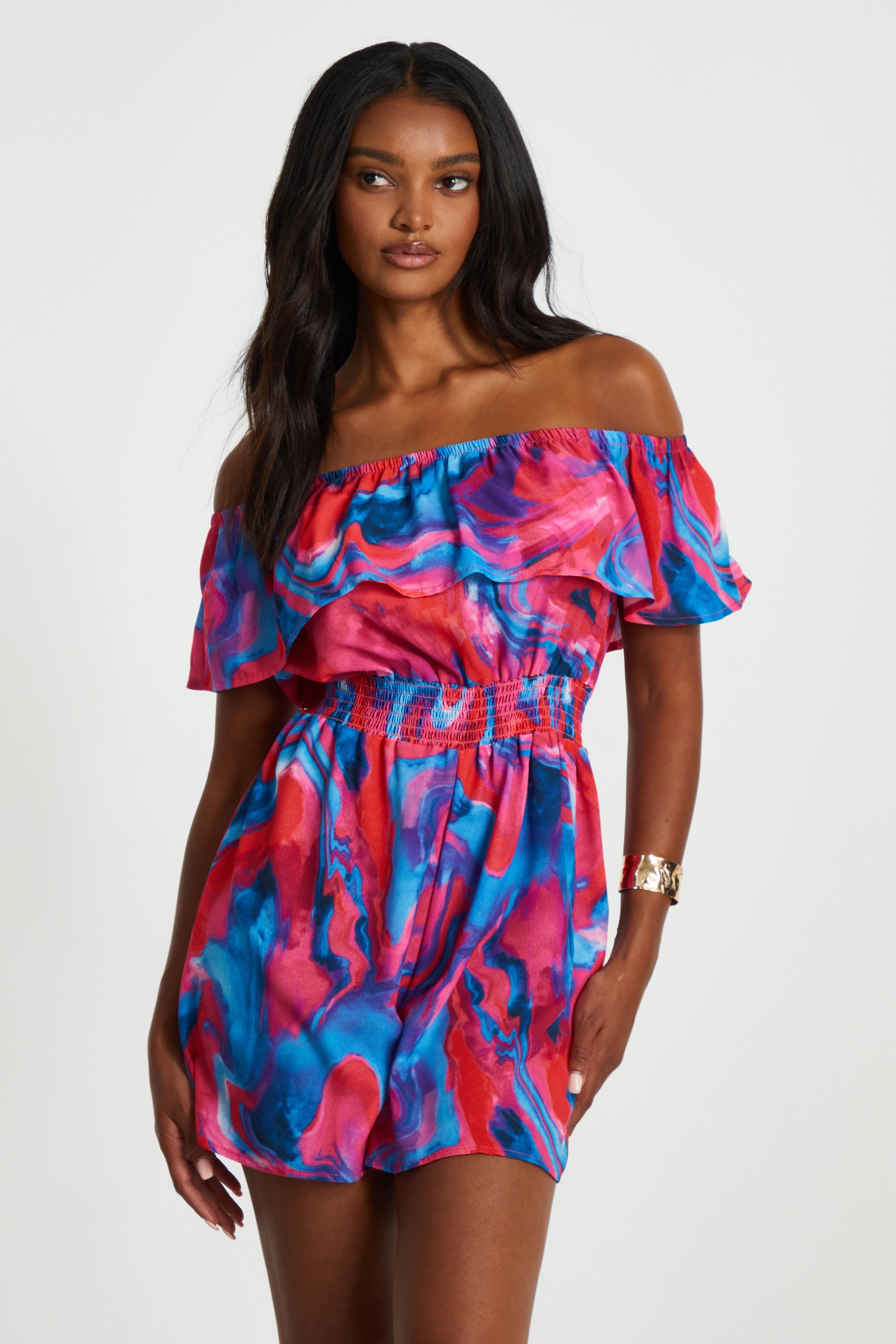 Multi Marble Print Bardot Playsuit by QUIZ