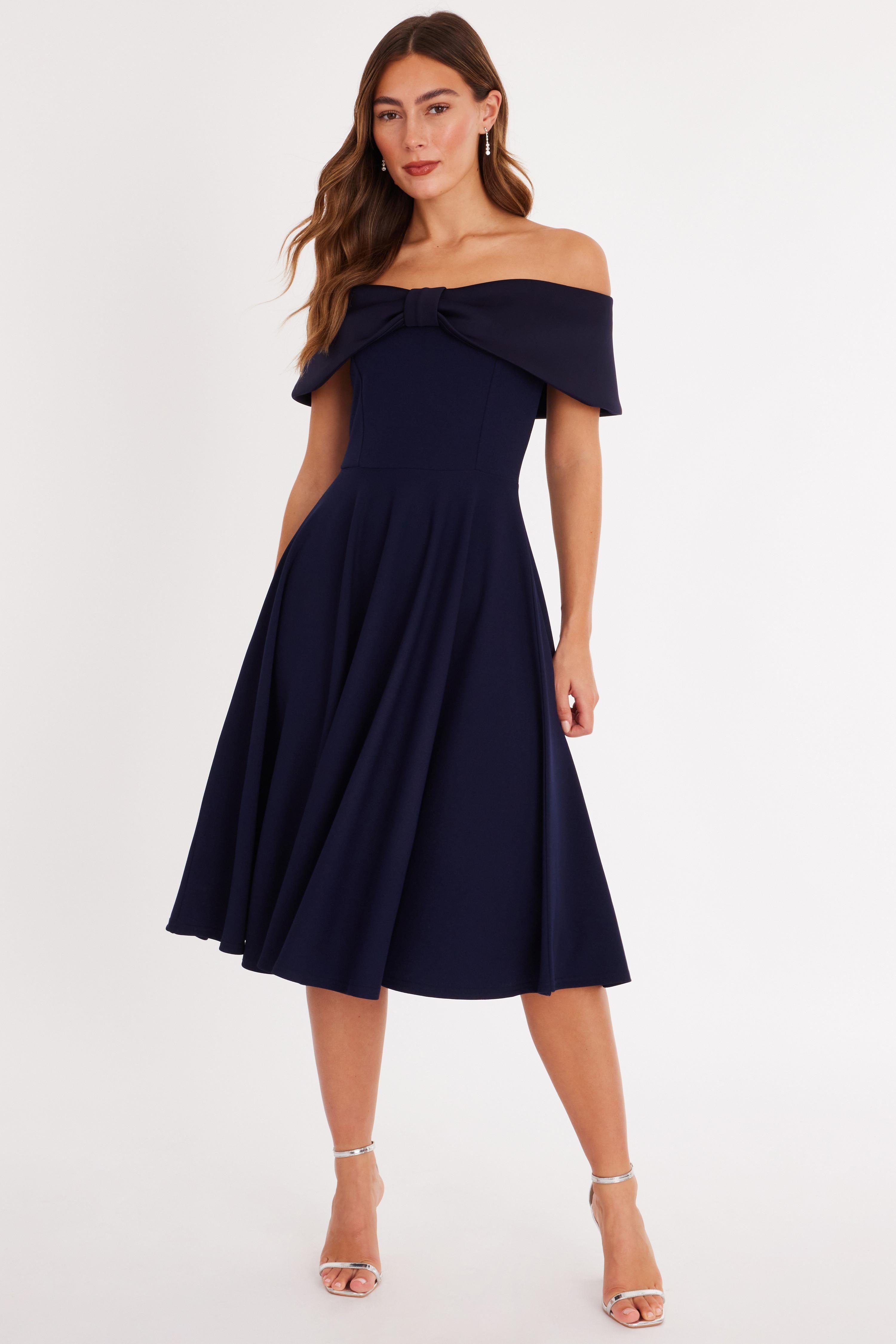 Navy Bow Bardot Midi Dress by QUIZ