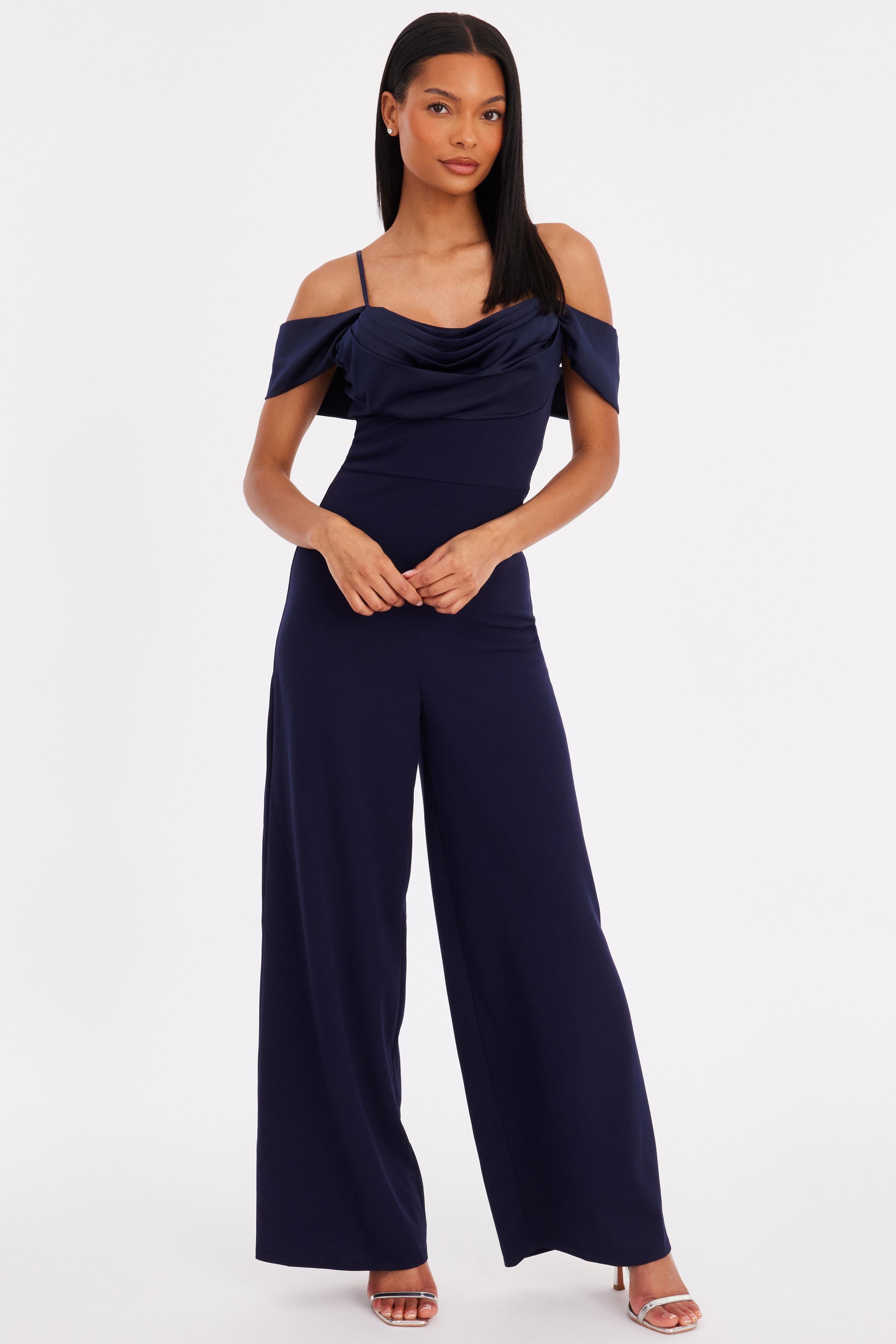 Navy Cowl Front Jumpsuit by QUIZ