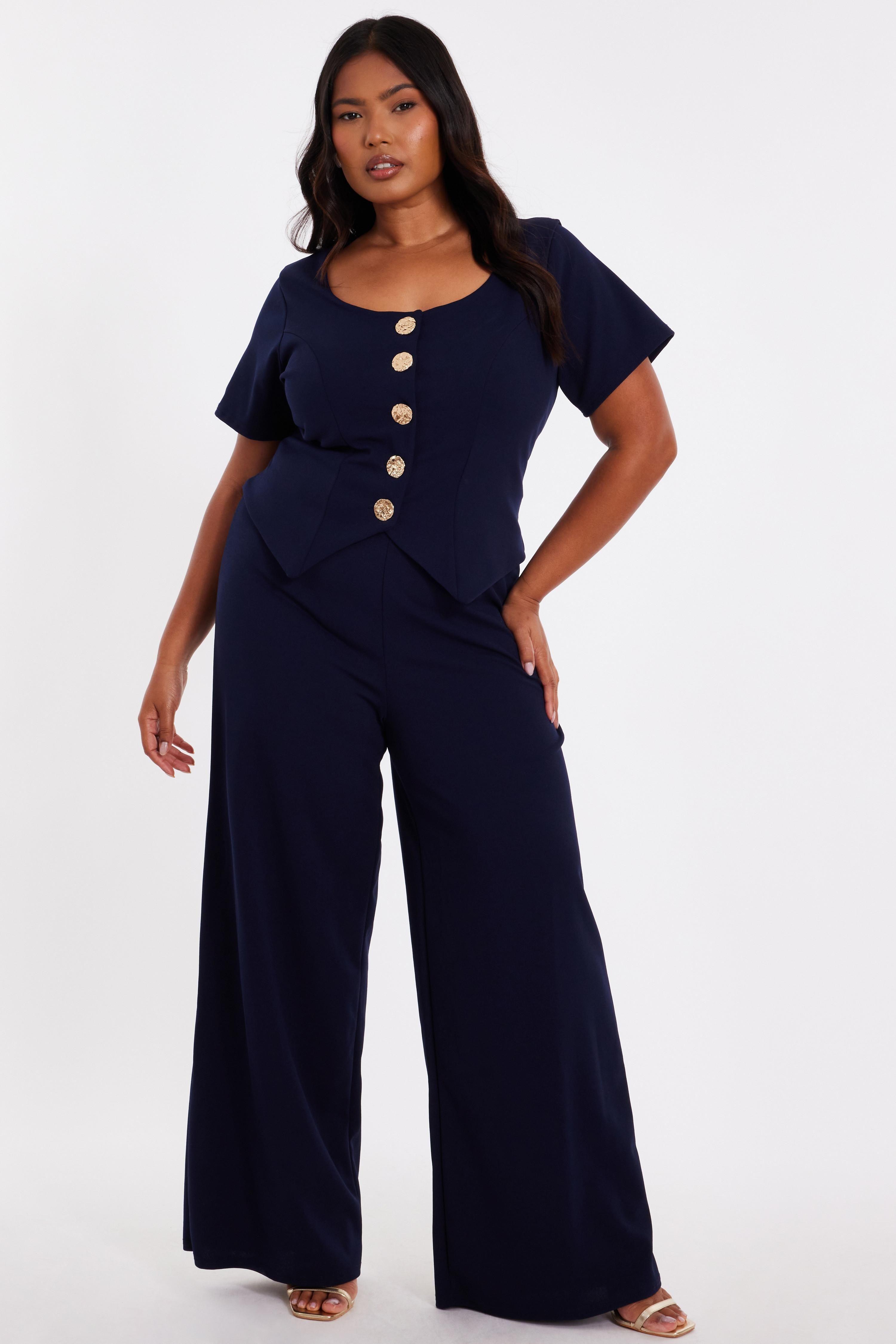 Navy Curve Button Detail Jumpsuit by QUIZ