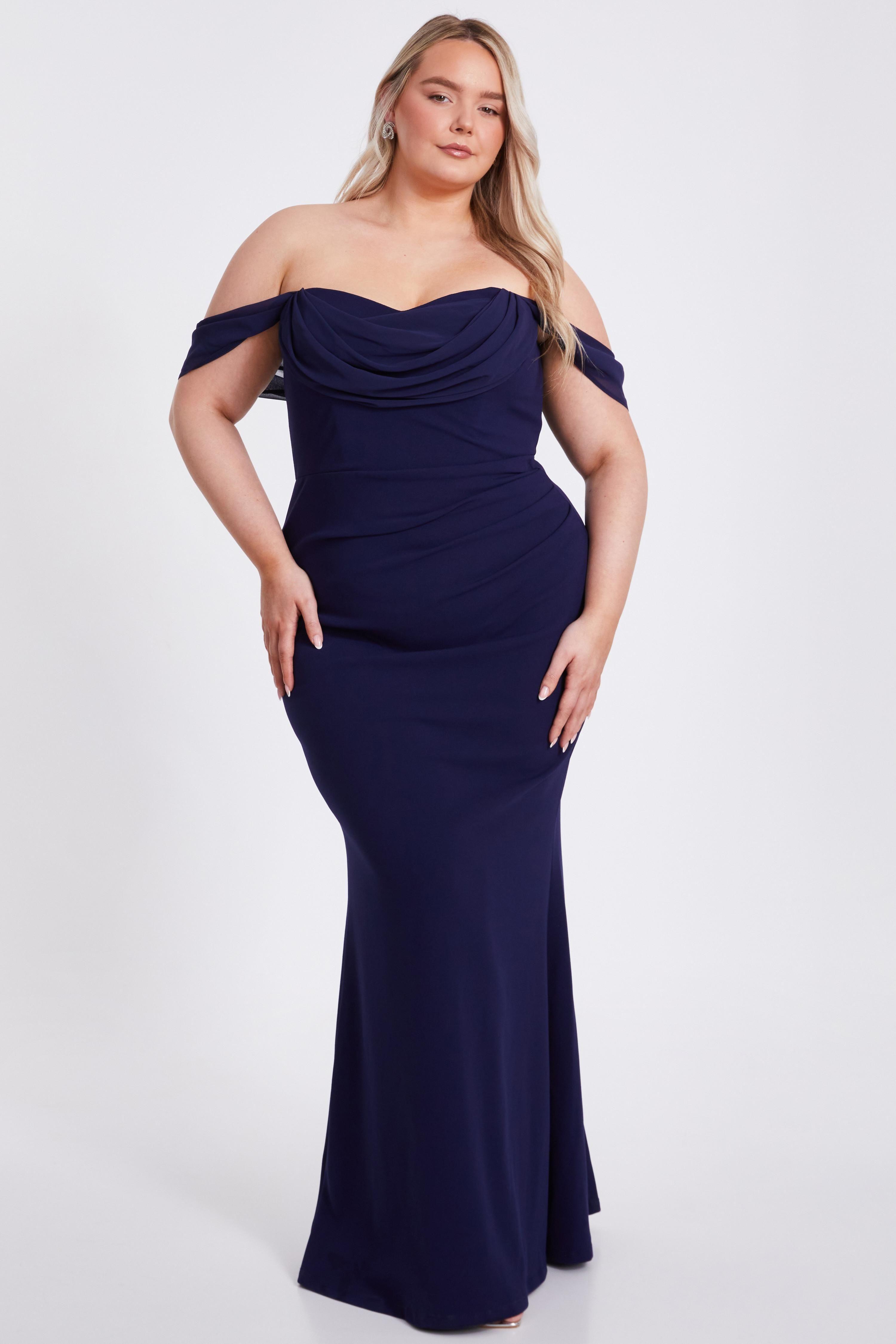 Navy Curve Chiffon Bardot Maxi Dress by QUIZ