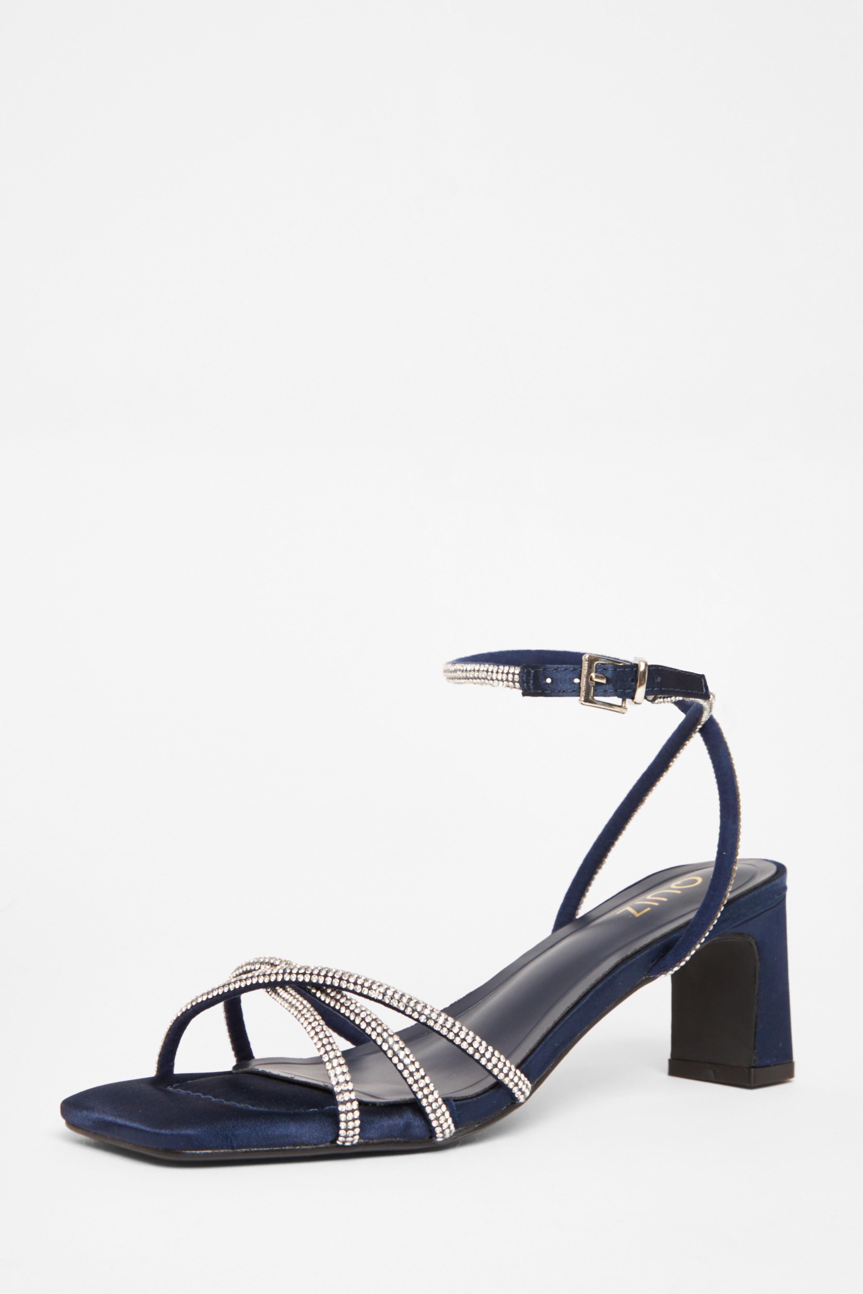 Navy Diamante Strap Block Heels by QUIZ