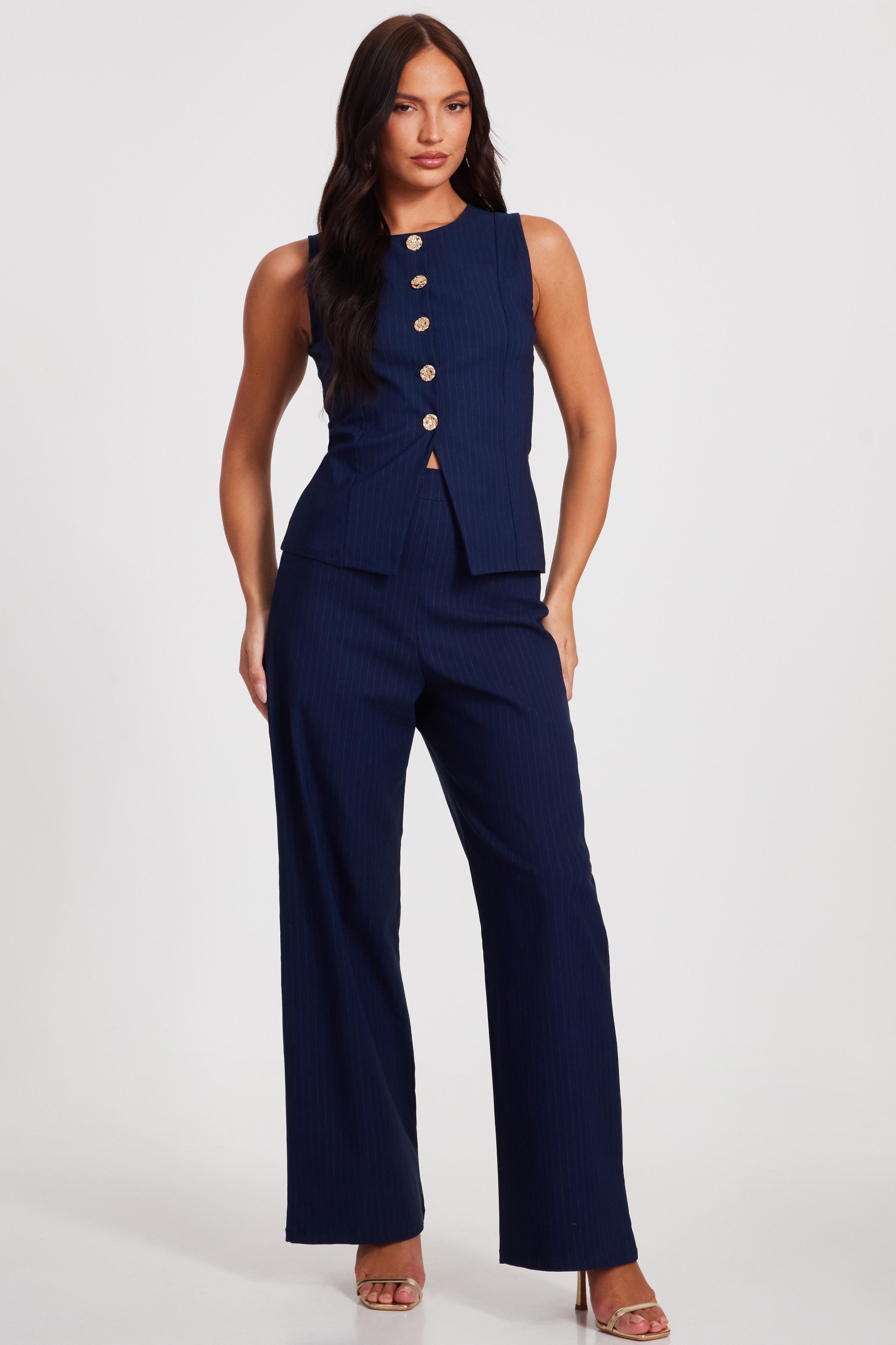 Navy Pinstripe Wide Leg Trousers by QUIZ