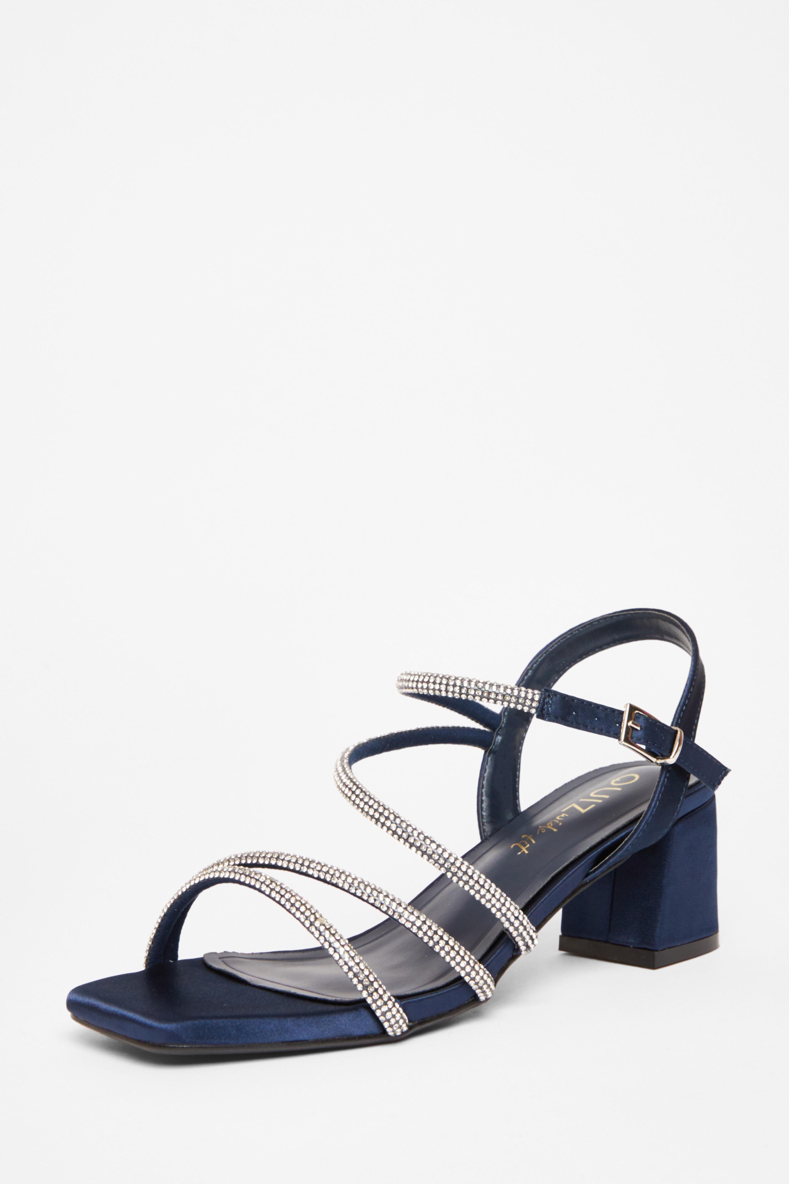 Navy Wide Fit Diamante Block Heels by QUIZ