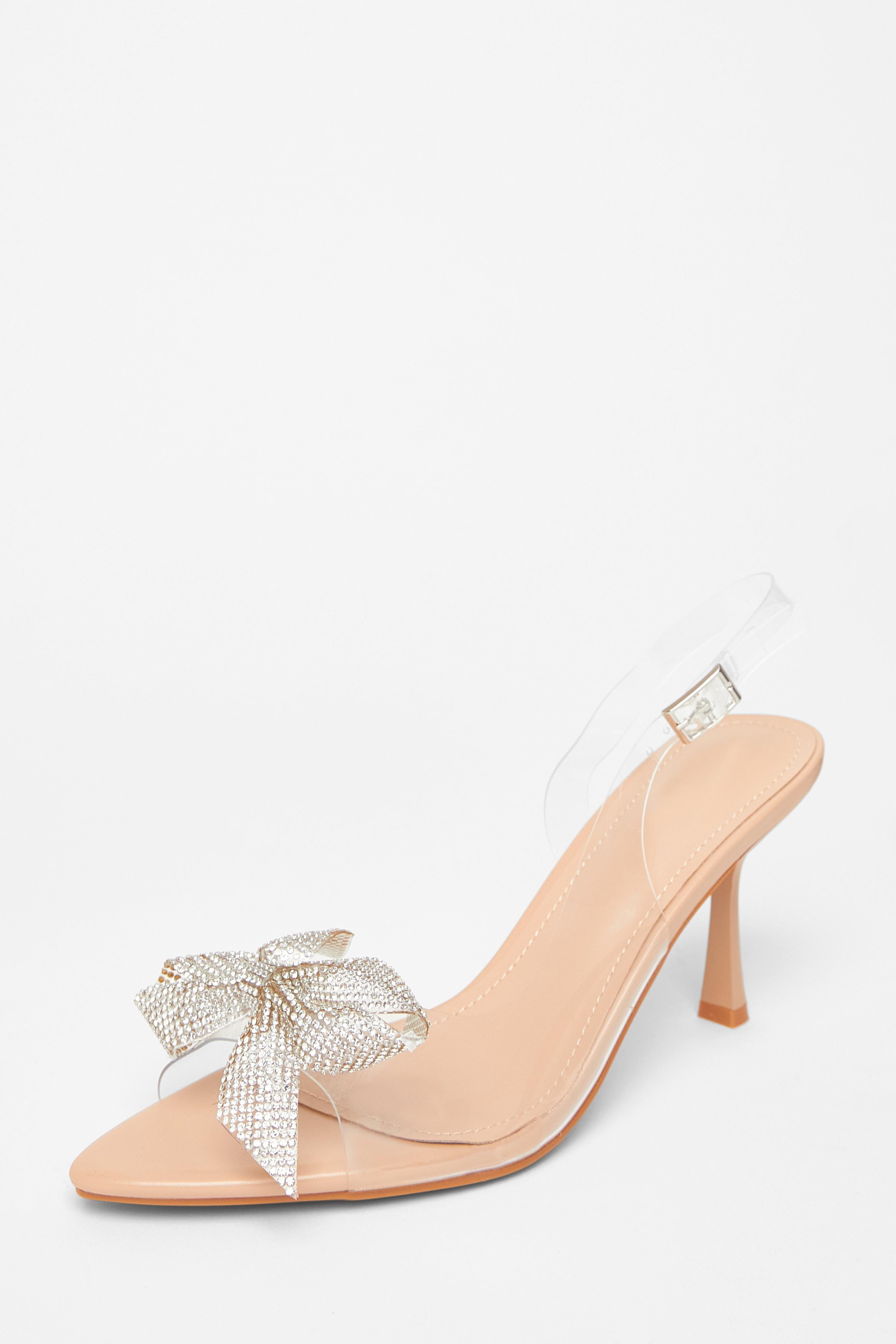 Nude Diamante Bow Heels by QUIZ