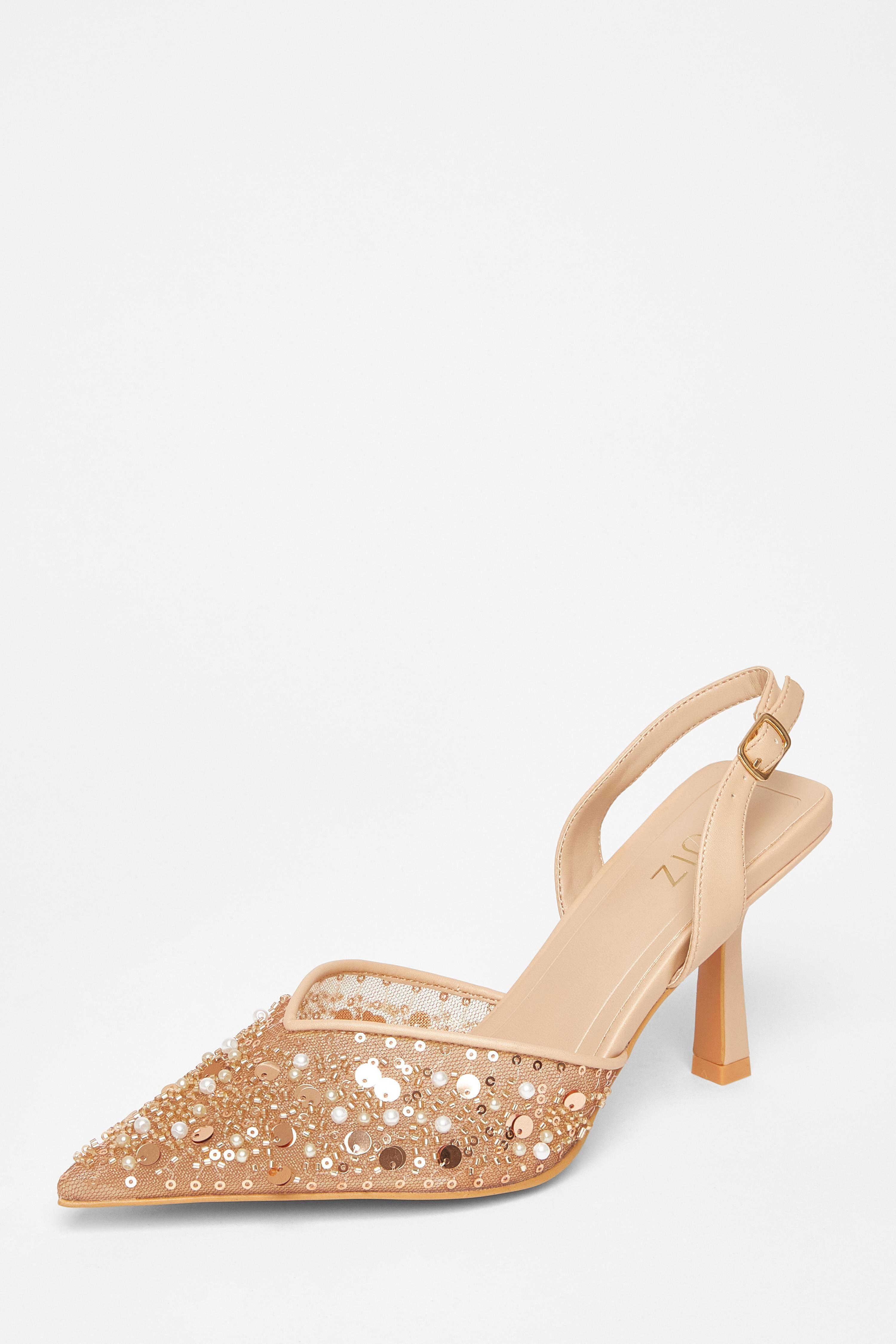 Nude Sequin Slingback Court Heels by QUIZ