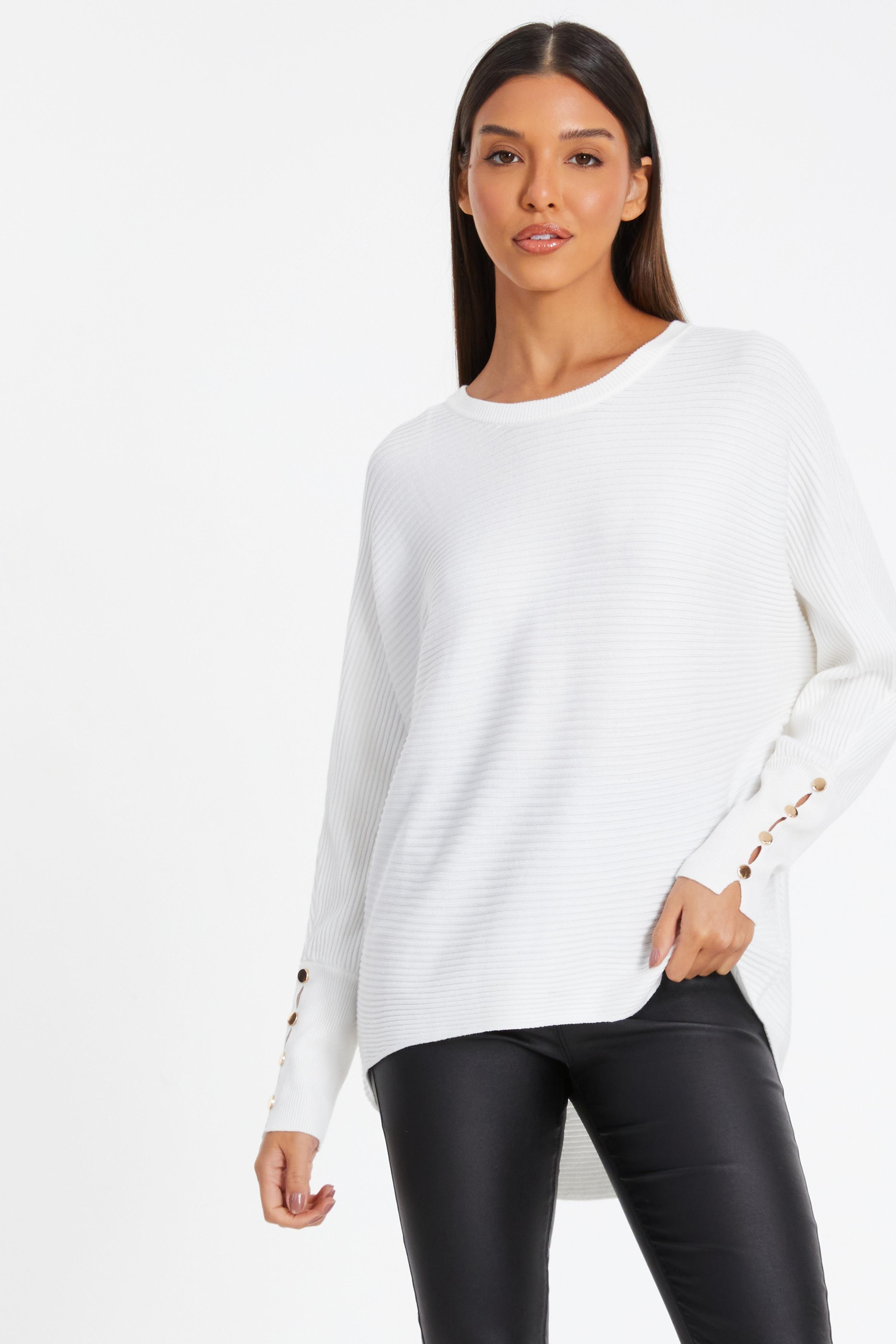 Off White Button Sleeve Jumper by QUIZ