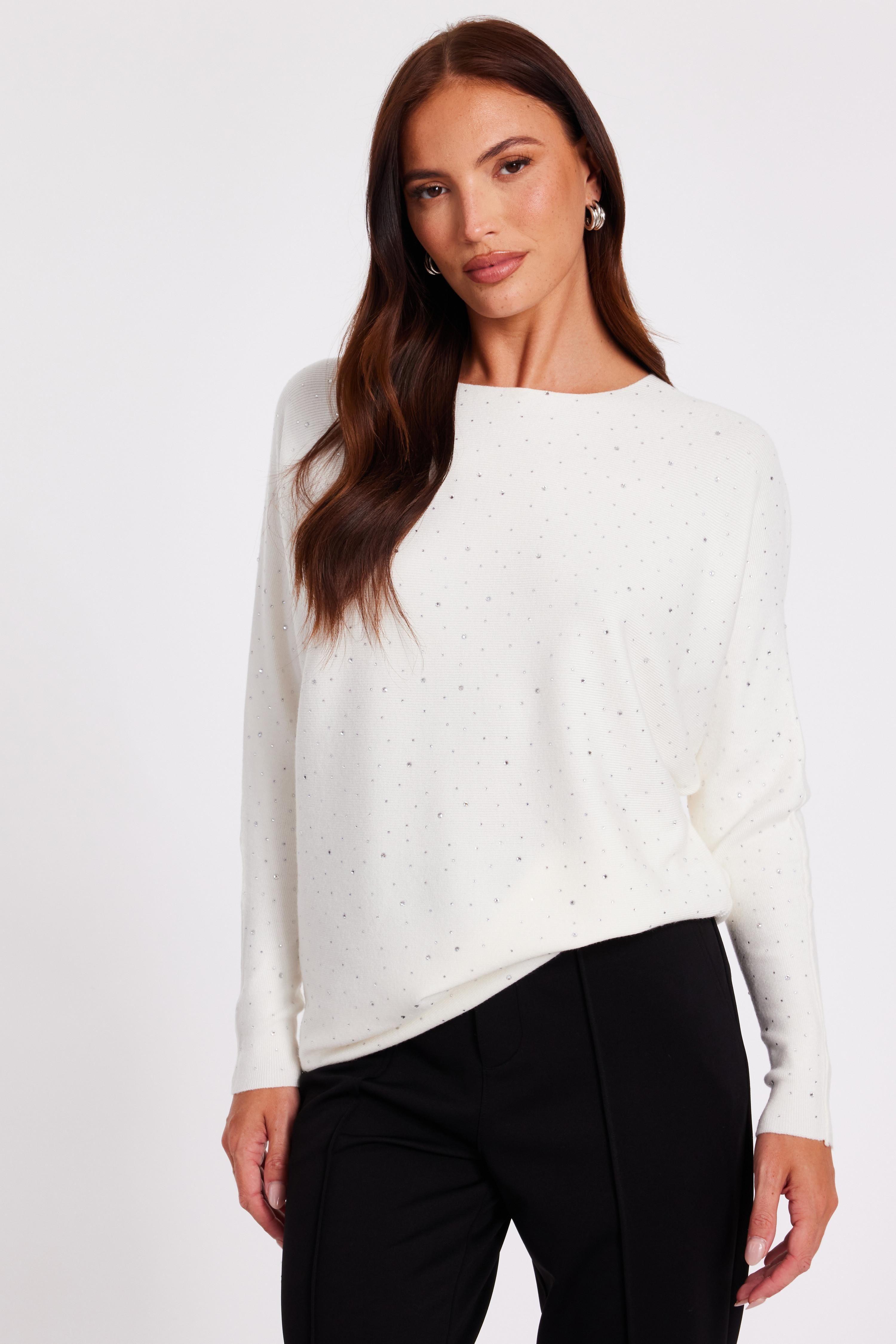 Off White Knitted Sequin Batwing Jumper by QUIZ
