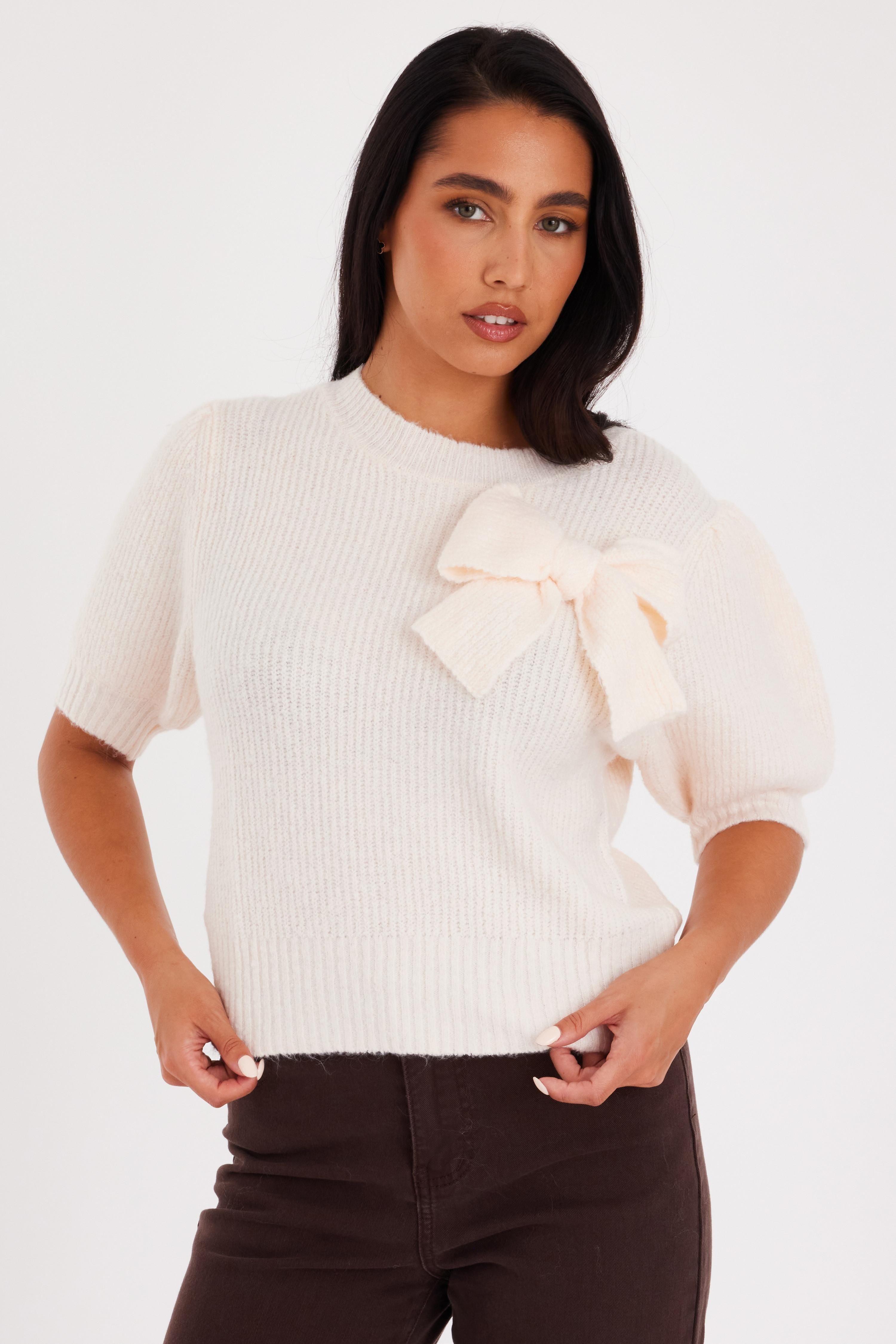 Off White Puff Sleeve Knit Jumper by QUIZ