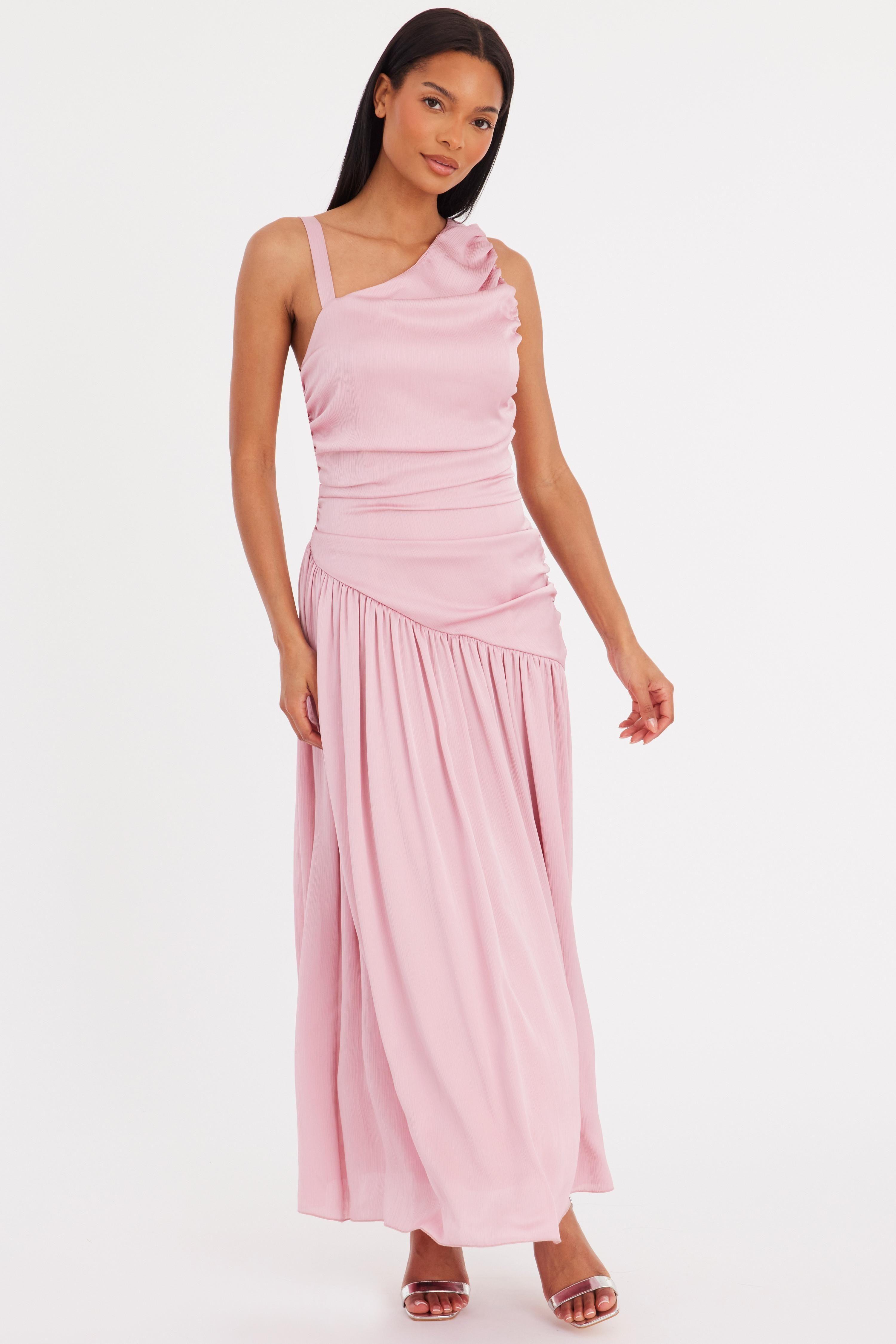 Pale Pink Satin Ruched Midaxi Dress by QUIZ
