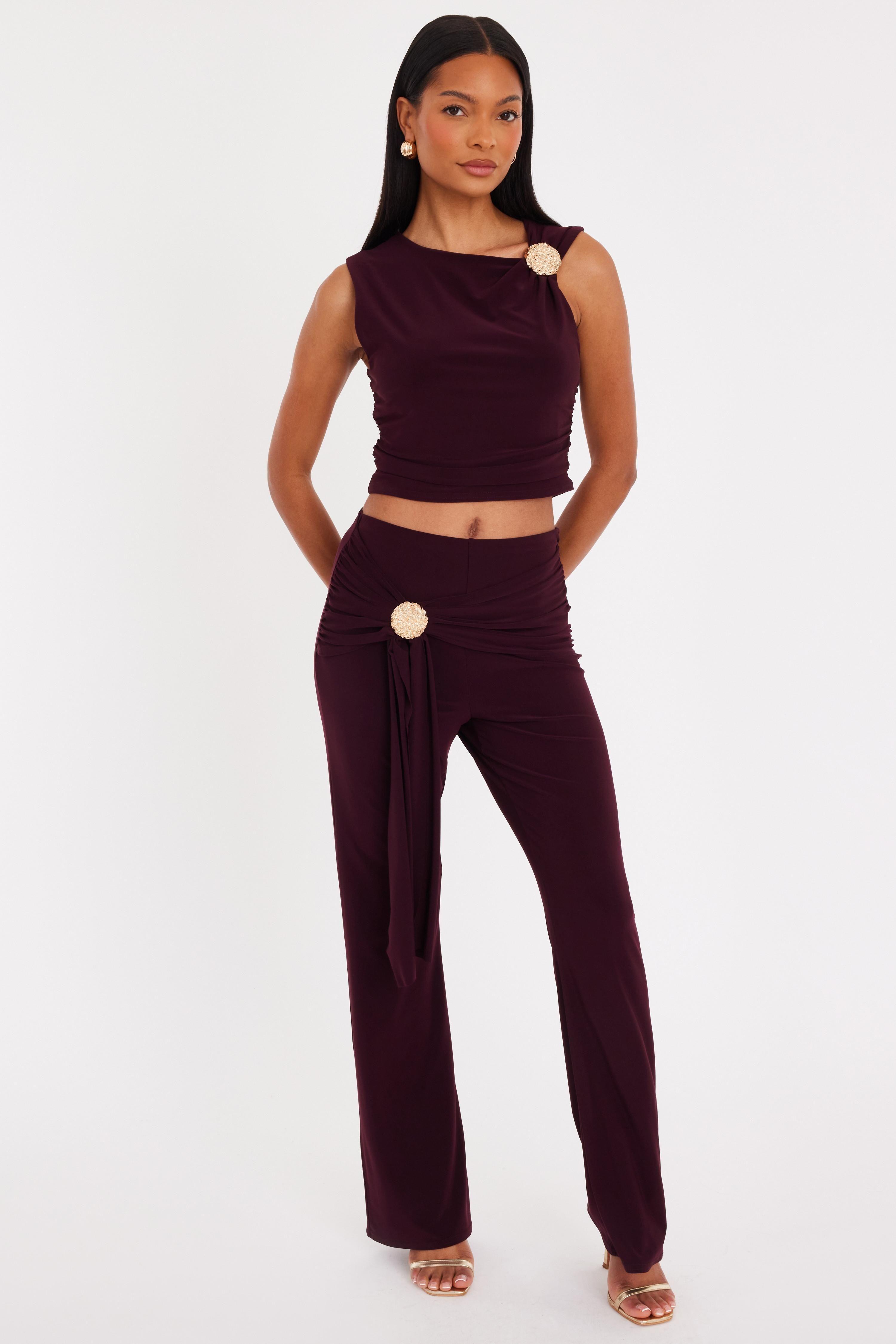 Purple Sash Detail Flared Trousers by QUIZ