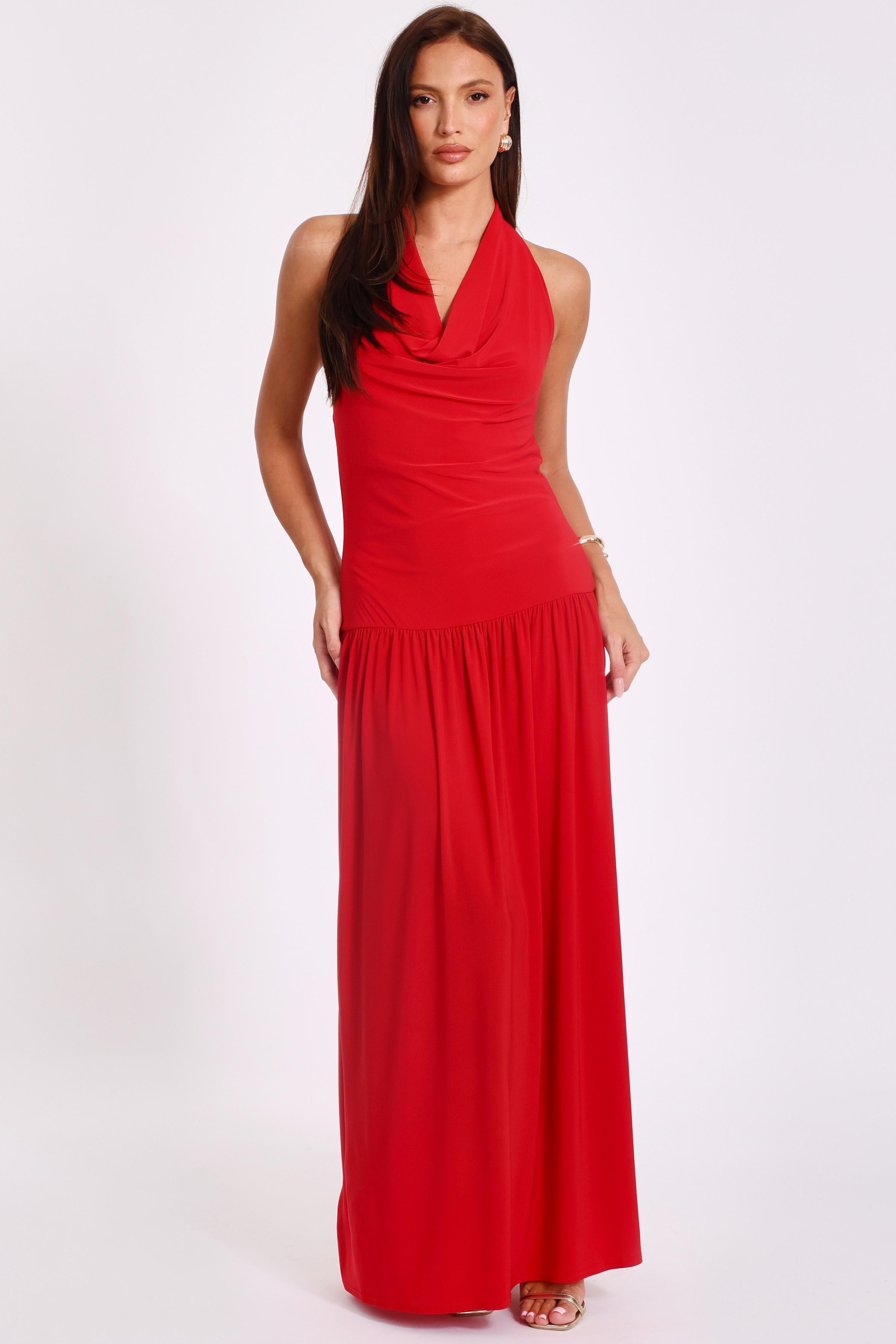 Red Cowl Neck Maxi Dress by QUIZ