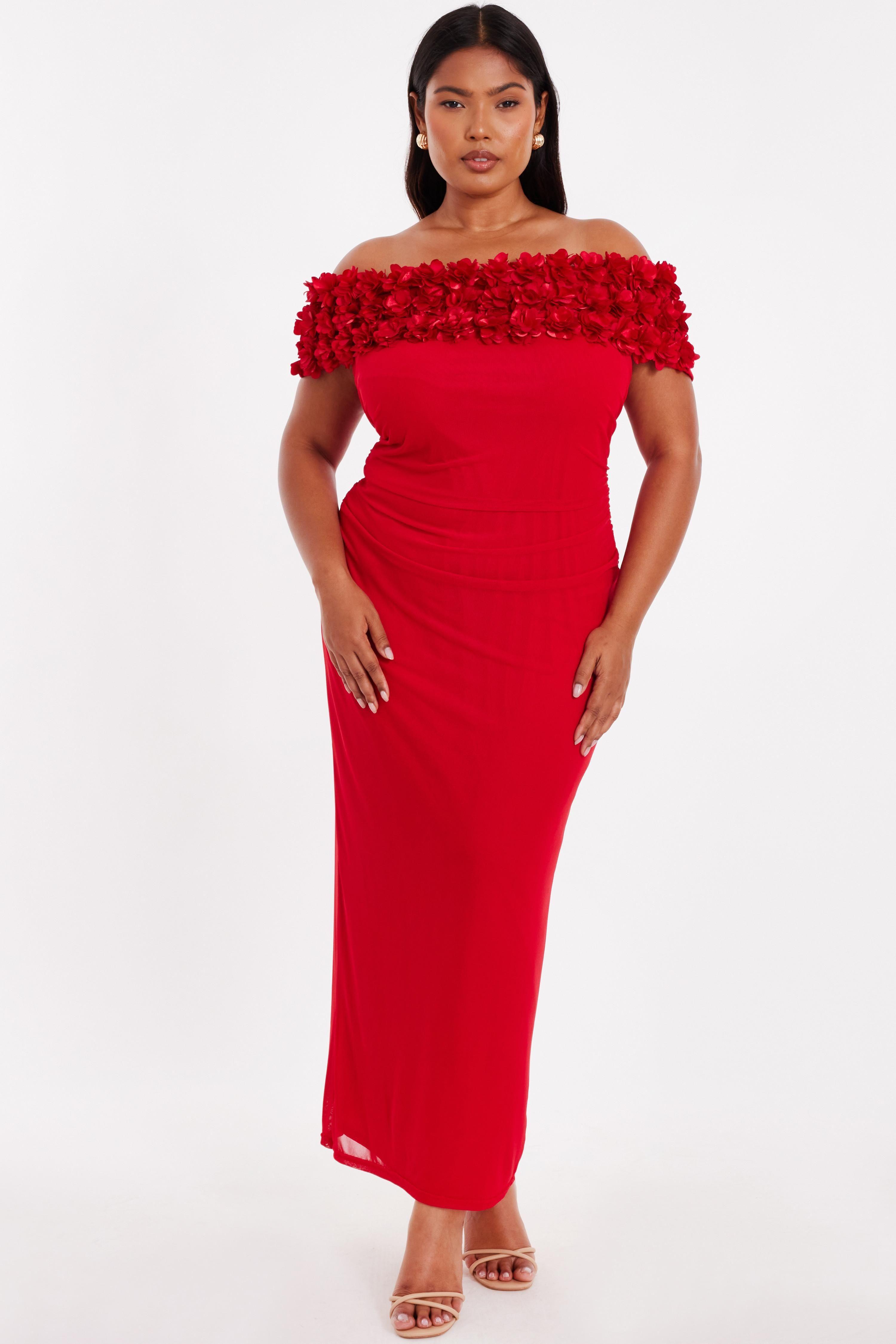 Red Curve Floral Bardot Midaxi Dress by QUIZ