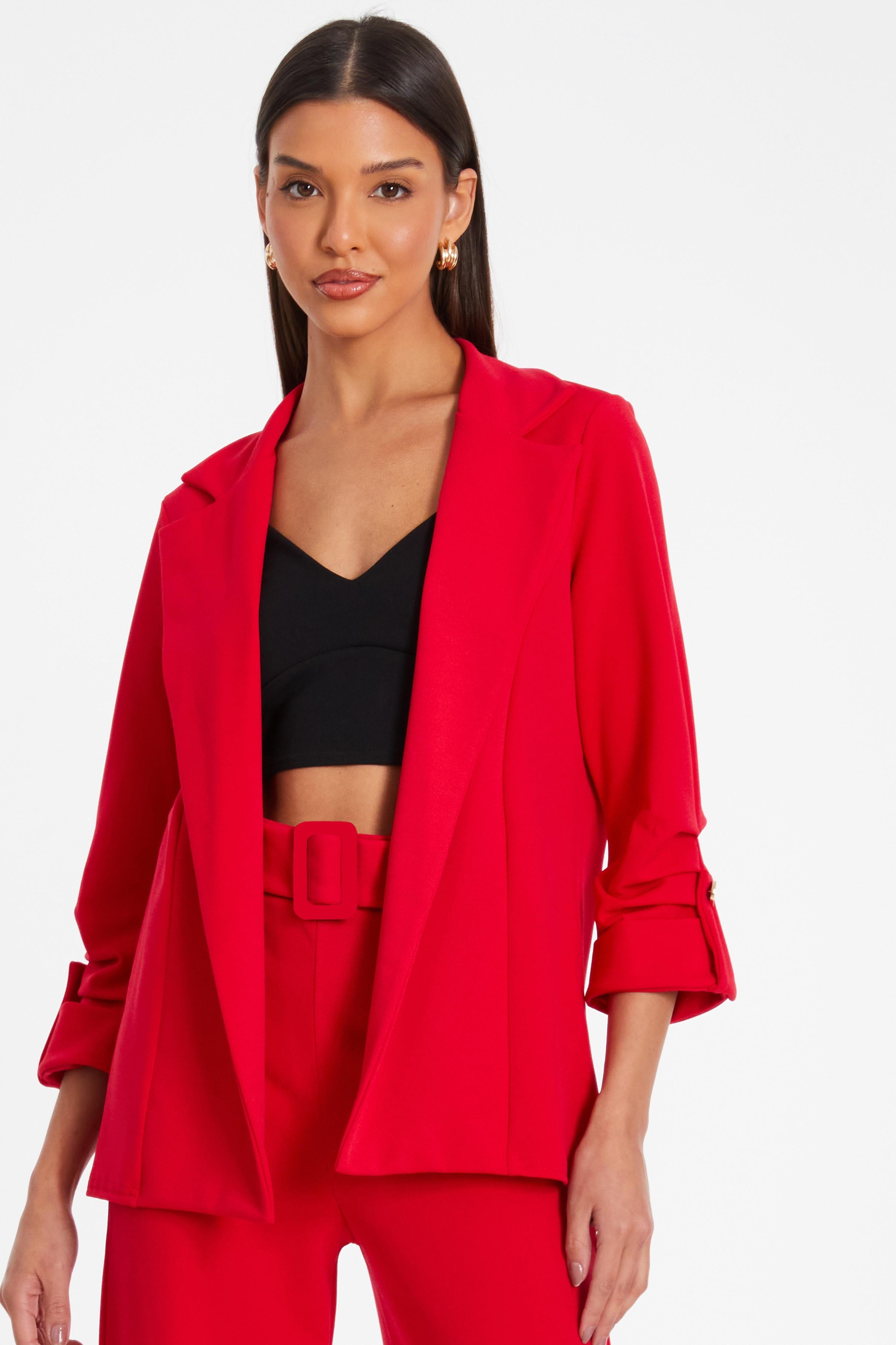 Red Ruched Sleeve Blazer by QUIZ