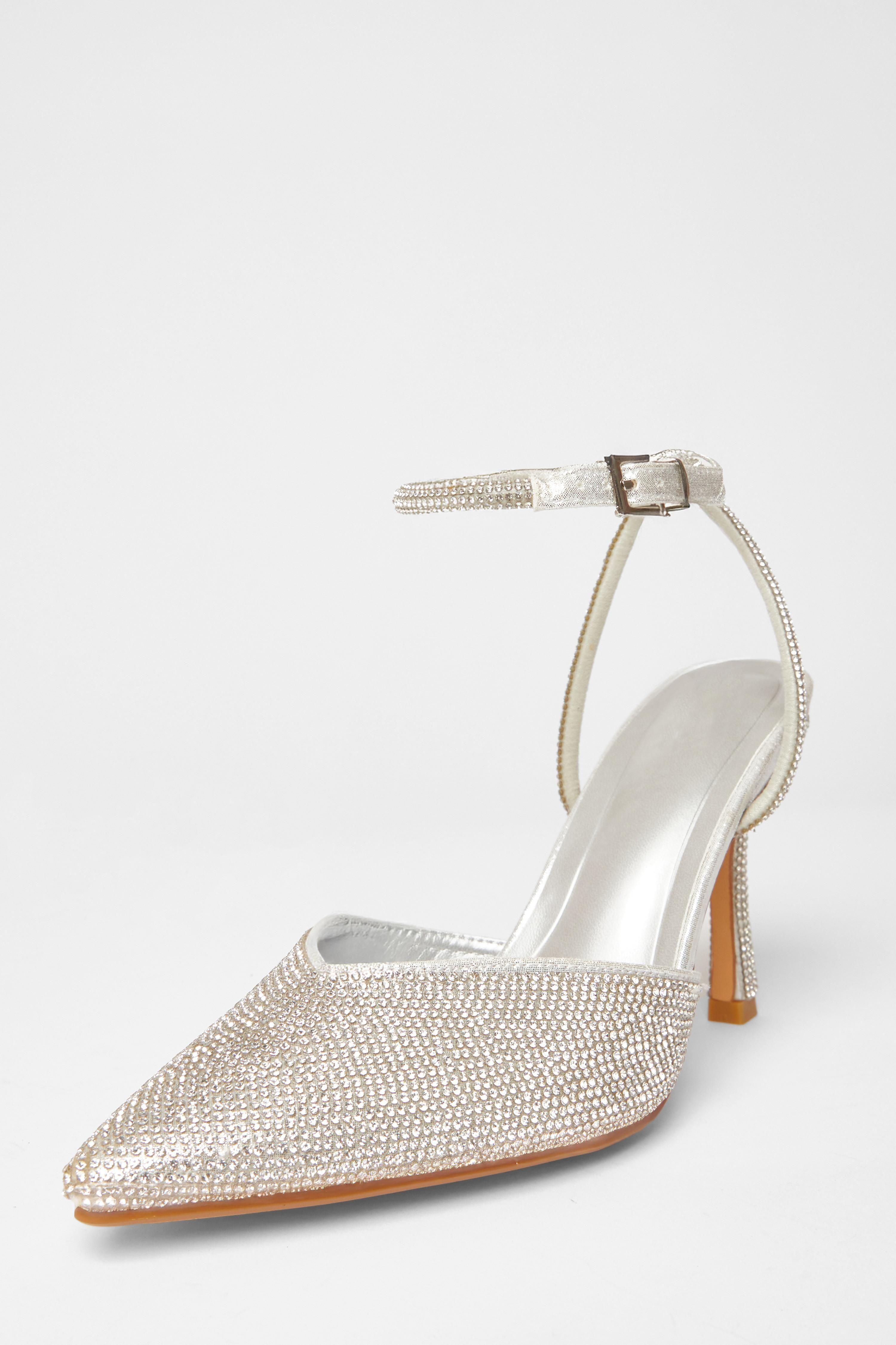 Silver All Over Diamante Court Heels by QUIZ