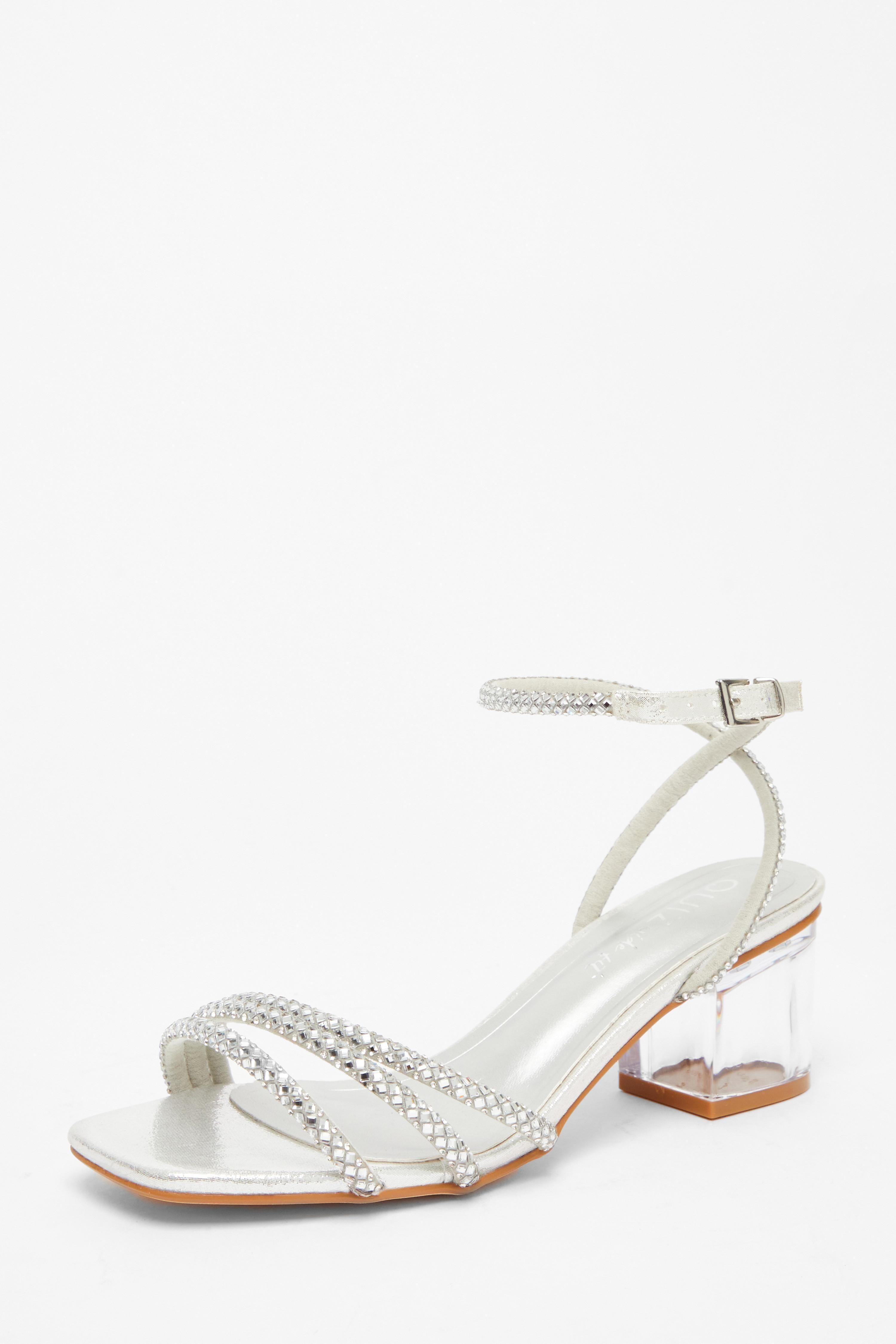 Silver Wide Fit Diamante Low Heeled Sandal by QUIZ