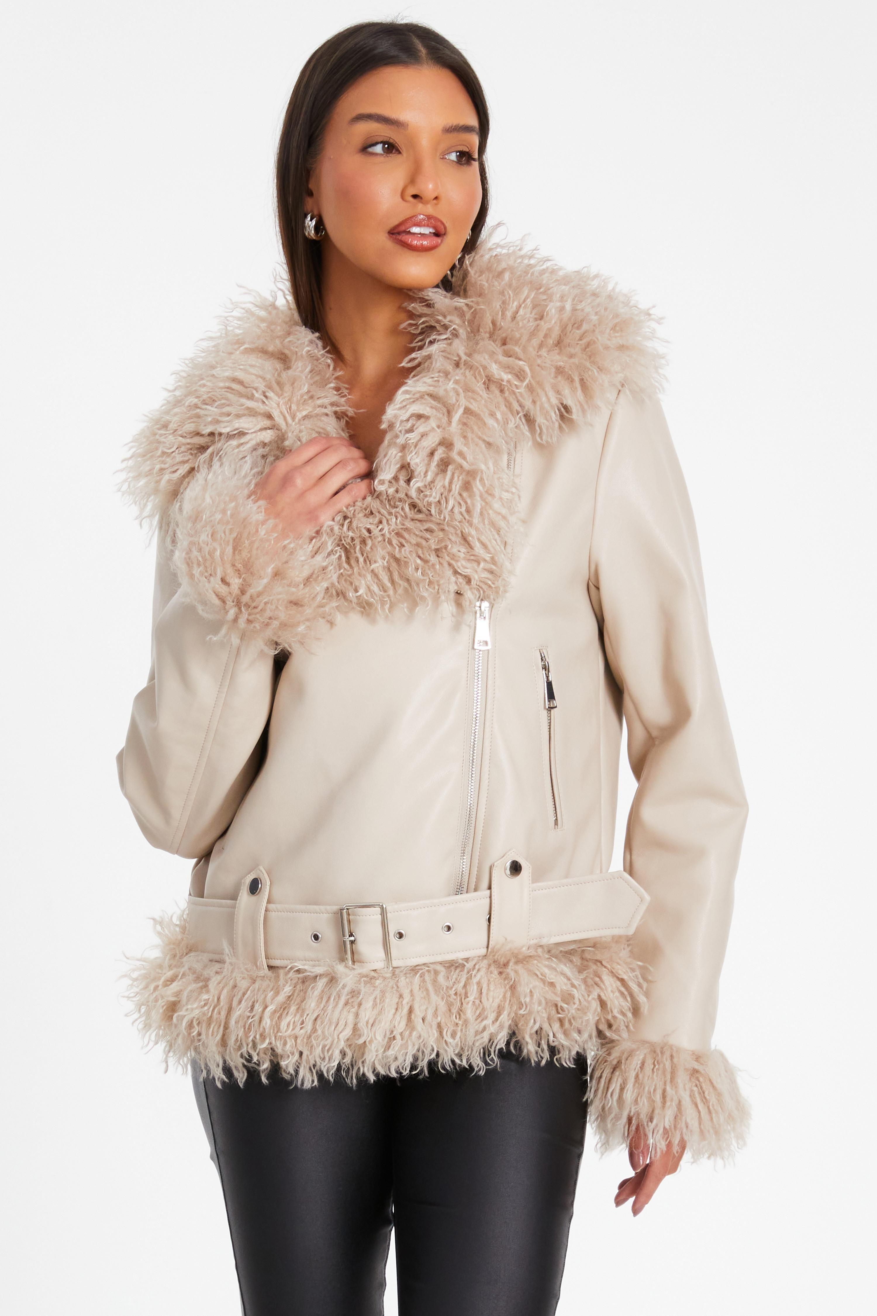 Stone Faux Fur Biker Jacket by QUIZ