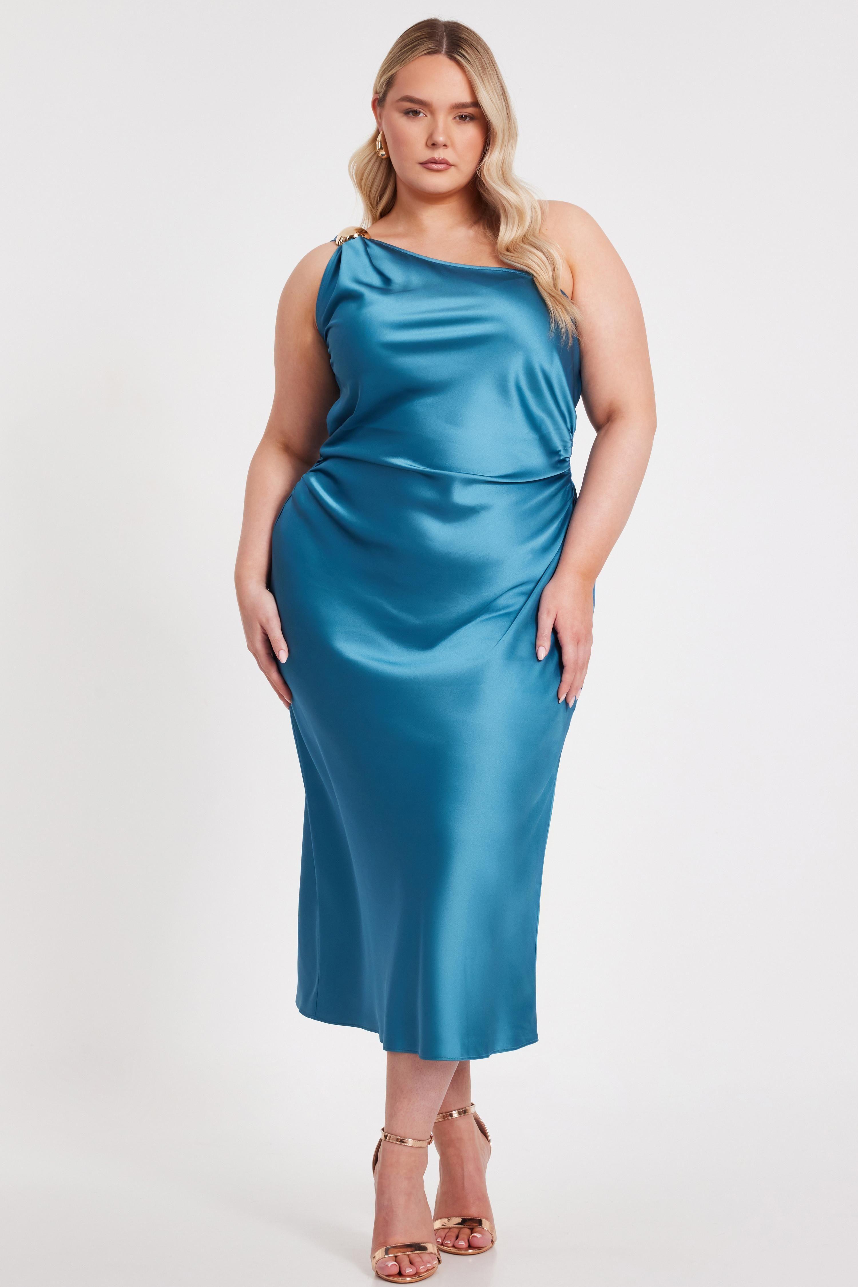 Teal Curve Satin One Shoulder Midaxi Dress by QUIZ Teal Curve Satin One Shoulder Midaxi Dress by QUIZ