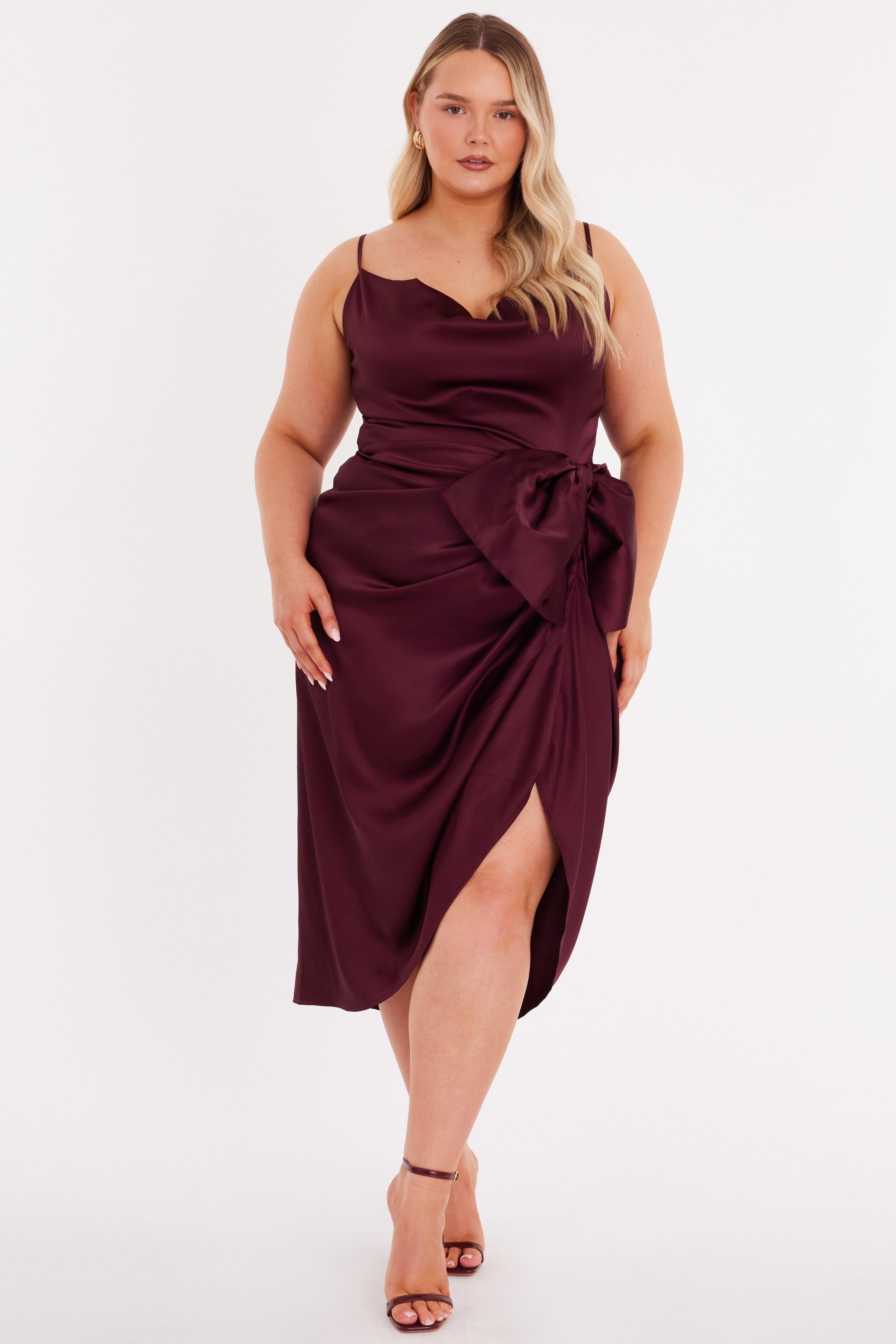 Wine Curve Bow Front Midi Dress by QUIZ