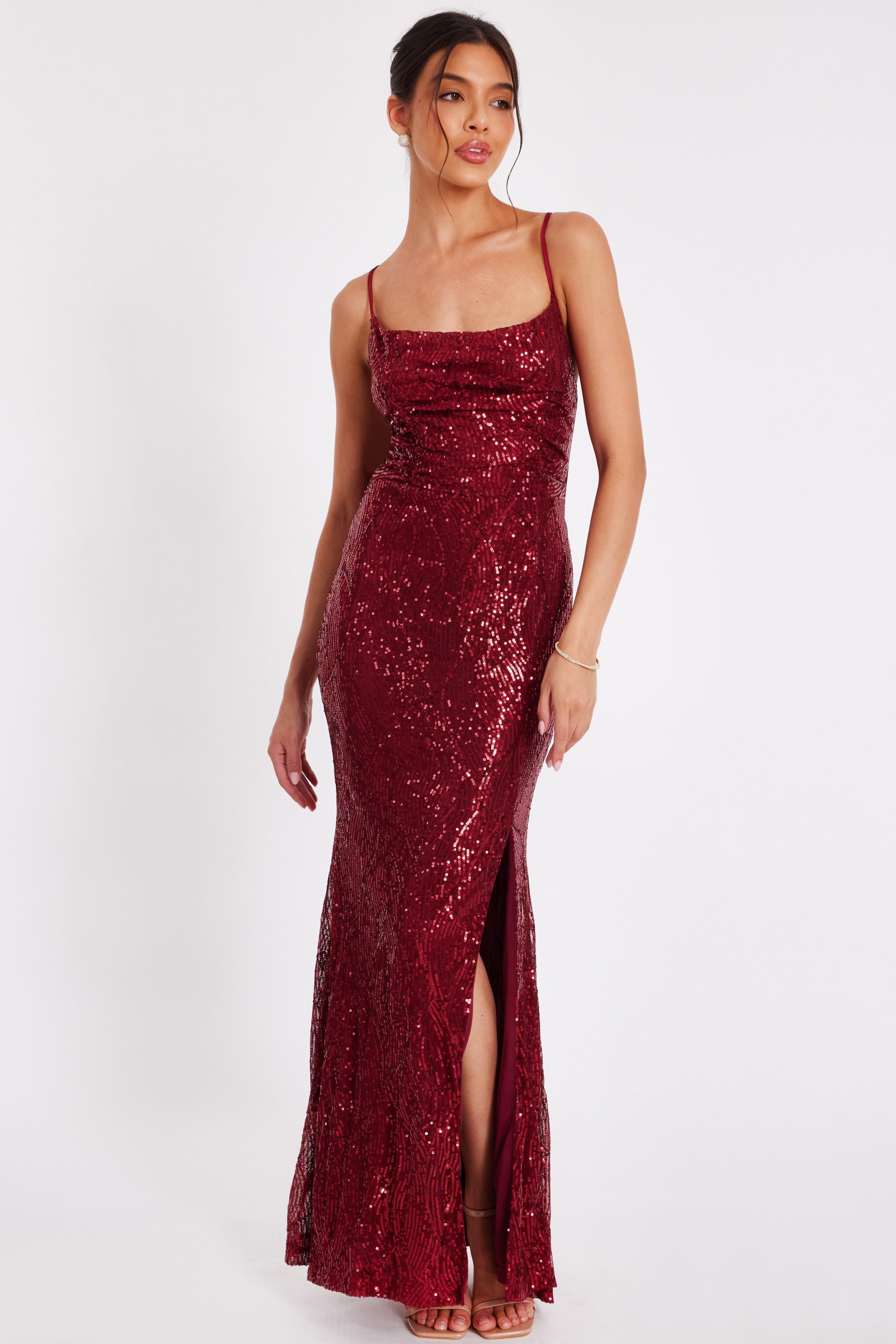 Wine Sequin Bow Back Maxi Dress by QUIZ