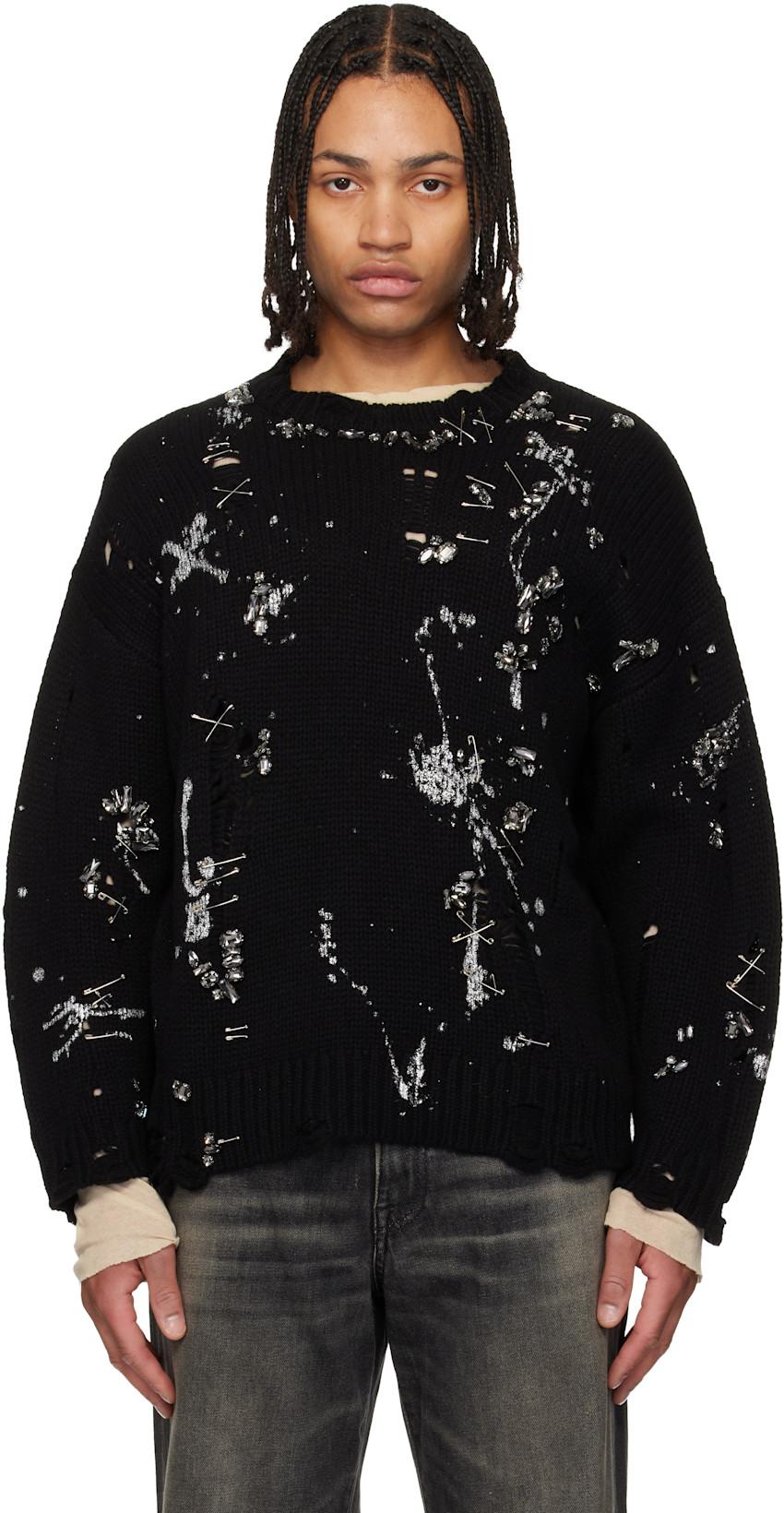 Black Distressed Oversized Crystals & Pins Sweater by R13