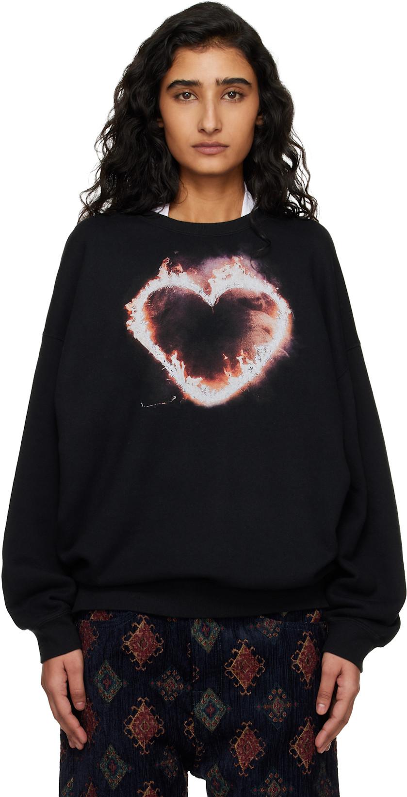 Black Flaming Heart Oversized Crewneck Sweatshirt by R13