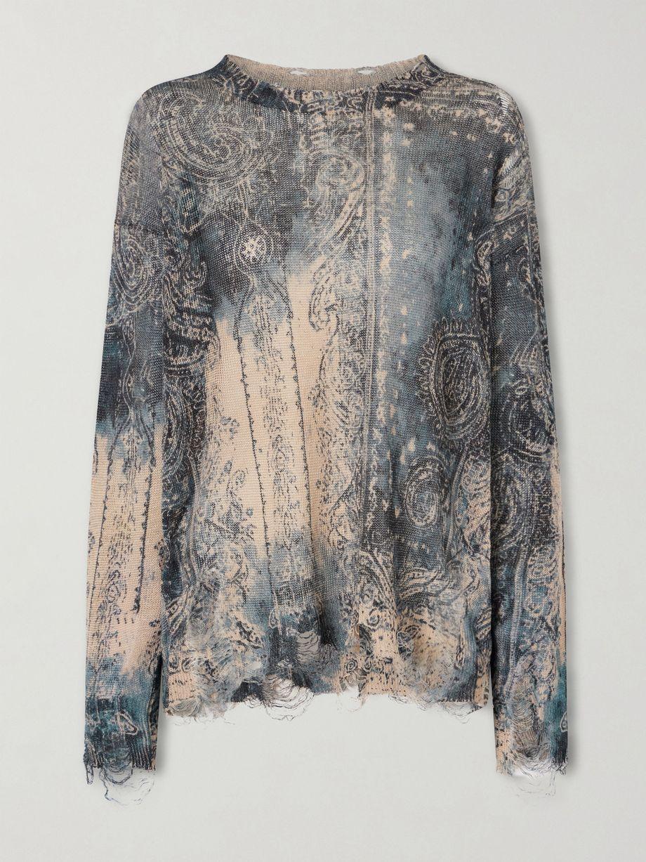Boyfriend distressed printed linen knit sweater by R13