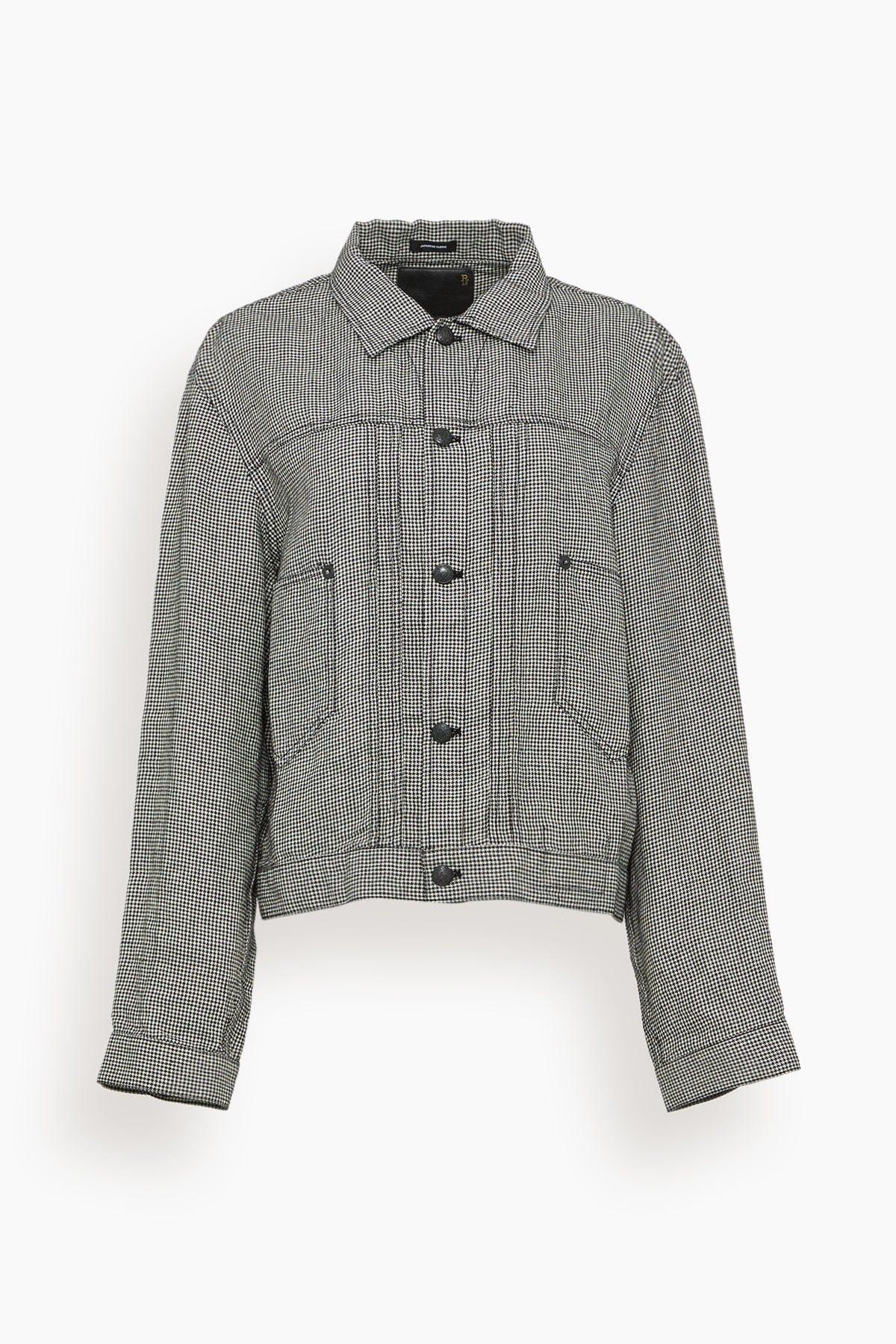 Relaxed Pleated Trucker Jacket in Black and White Houndstooth by R13