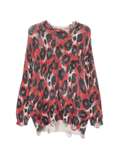 distressed-trim leopard-print sweater by R13