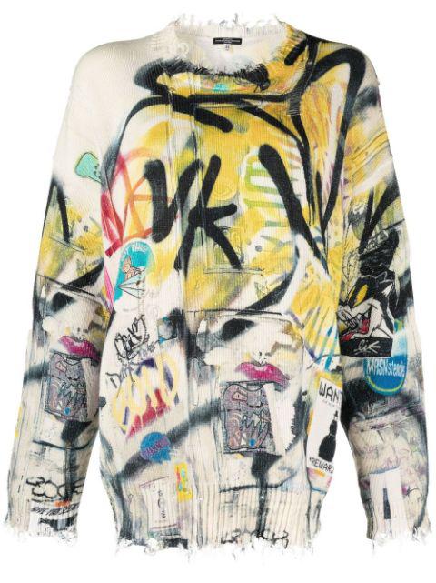graffiti-print distressed jumper by R13