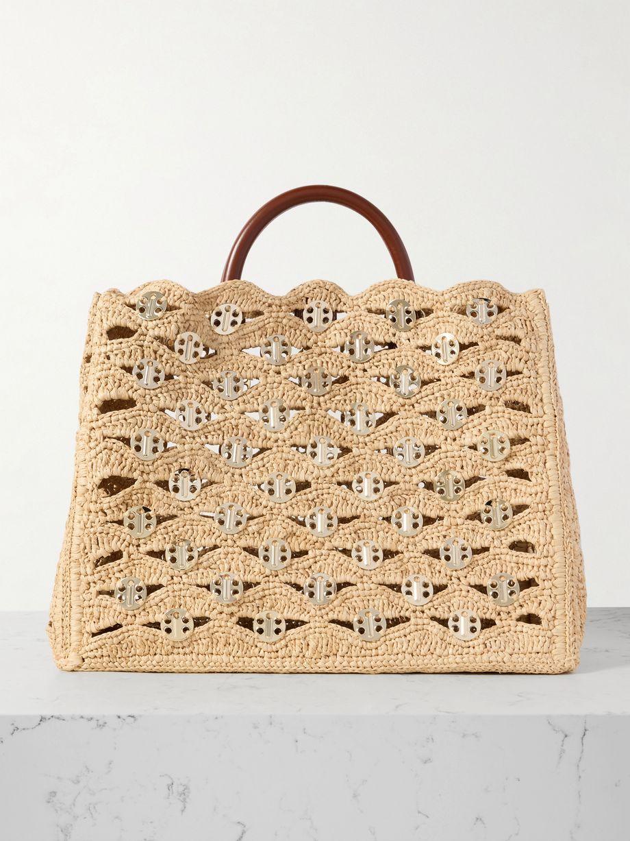 1969 leather-trimmed chainmail-embellished raffia tote by RABANNE