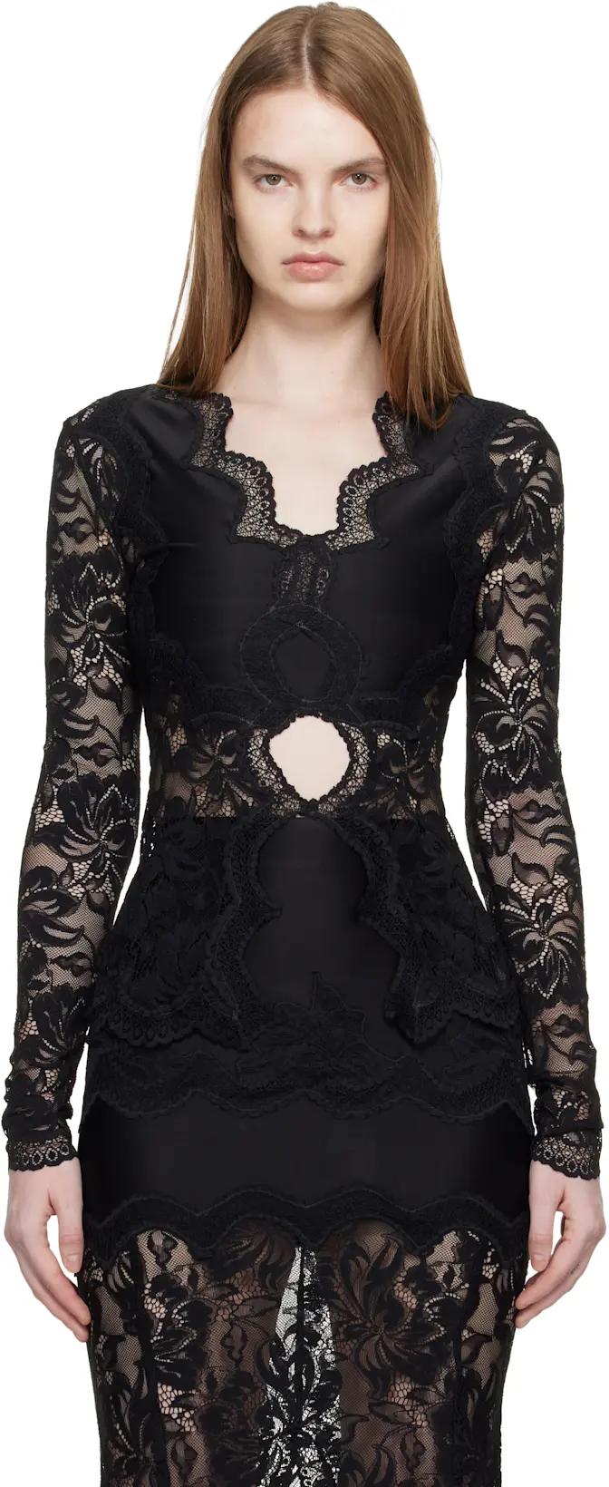 Black Long-Sleeved Lace Blouse by RABANNE
